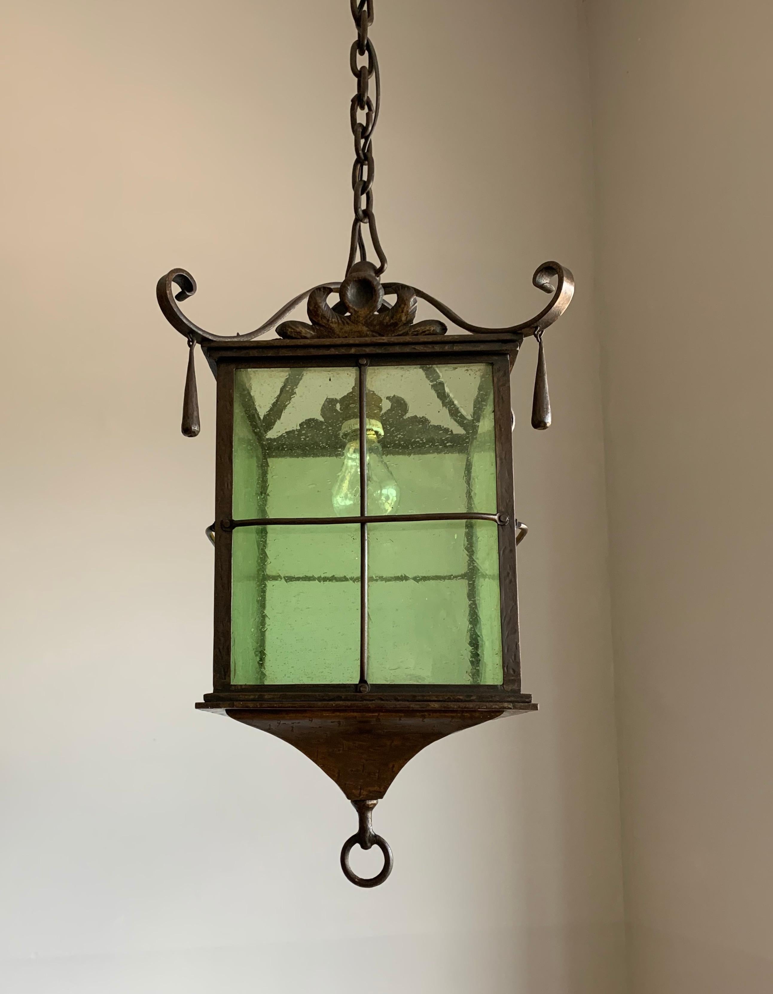 Beautiful Large Arts & Crafts Wrought Iron and Cathedral Glass Lantern / Pendant 9