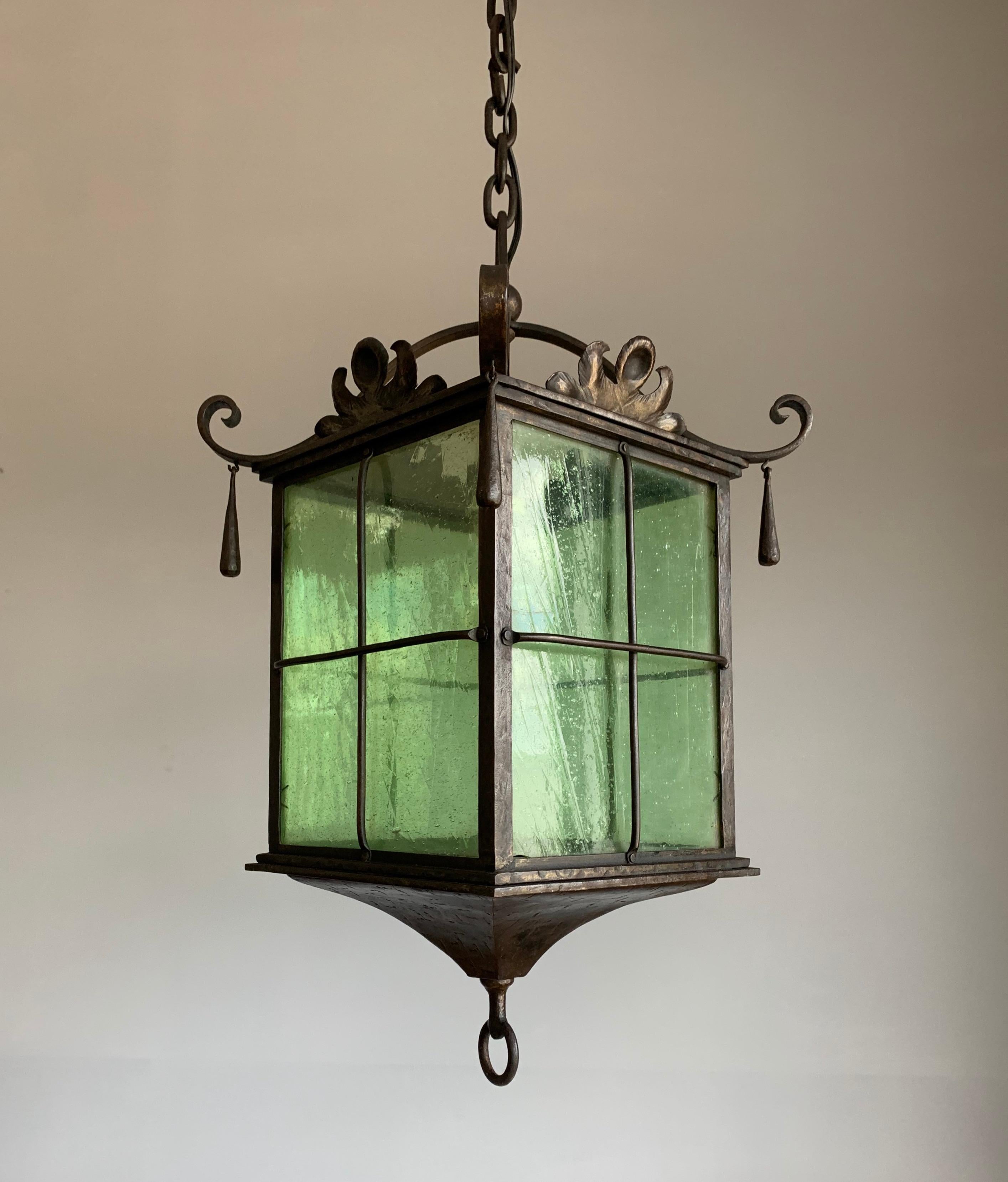 Beautiful Large Arts & Crafts Wrought Iron and Cathedral Glass Lantern / Pendant 10