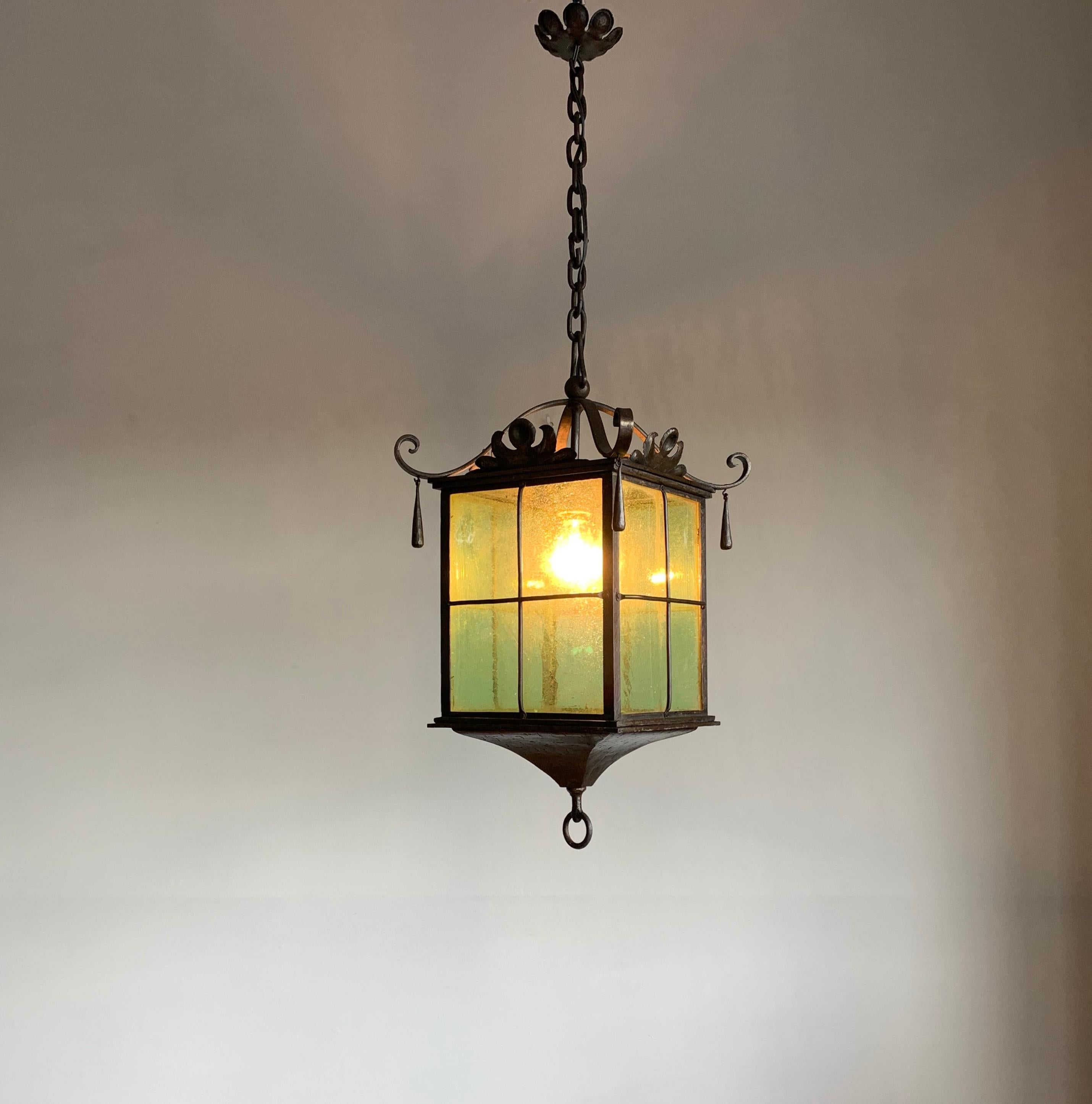 Arts and Crafts Beautiful Large Arts & Crafts Wrought Iron and Cathedral Glass Lantern / Pendant