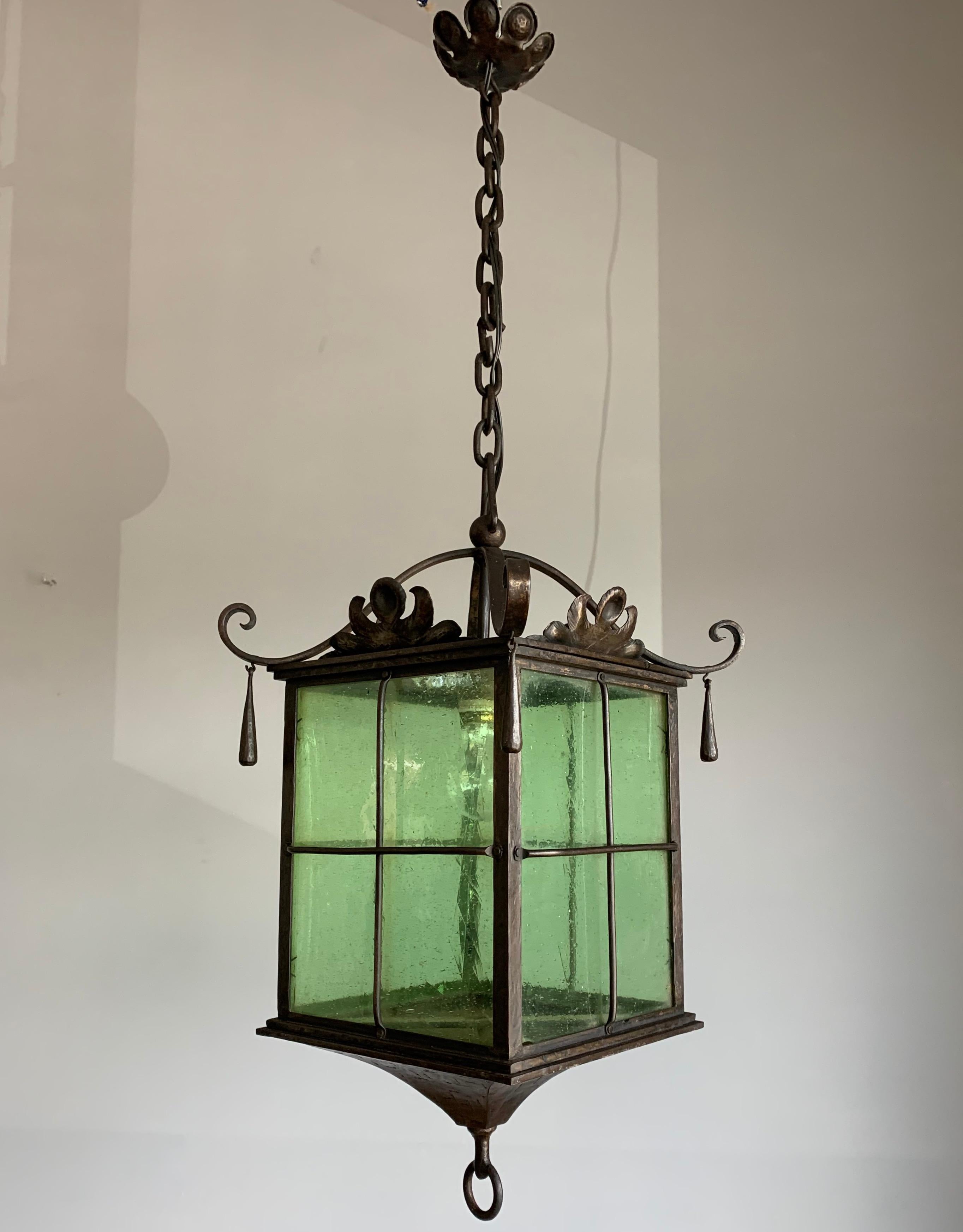 European Beautiful Large Arts & Crafts Wrought Iron and Cathedral Glass Lantern / Pendant