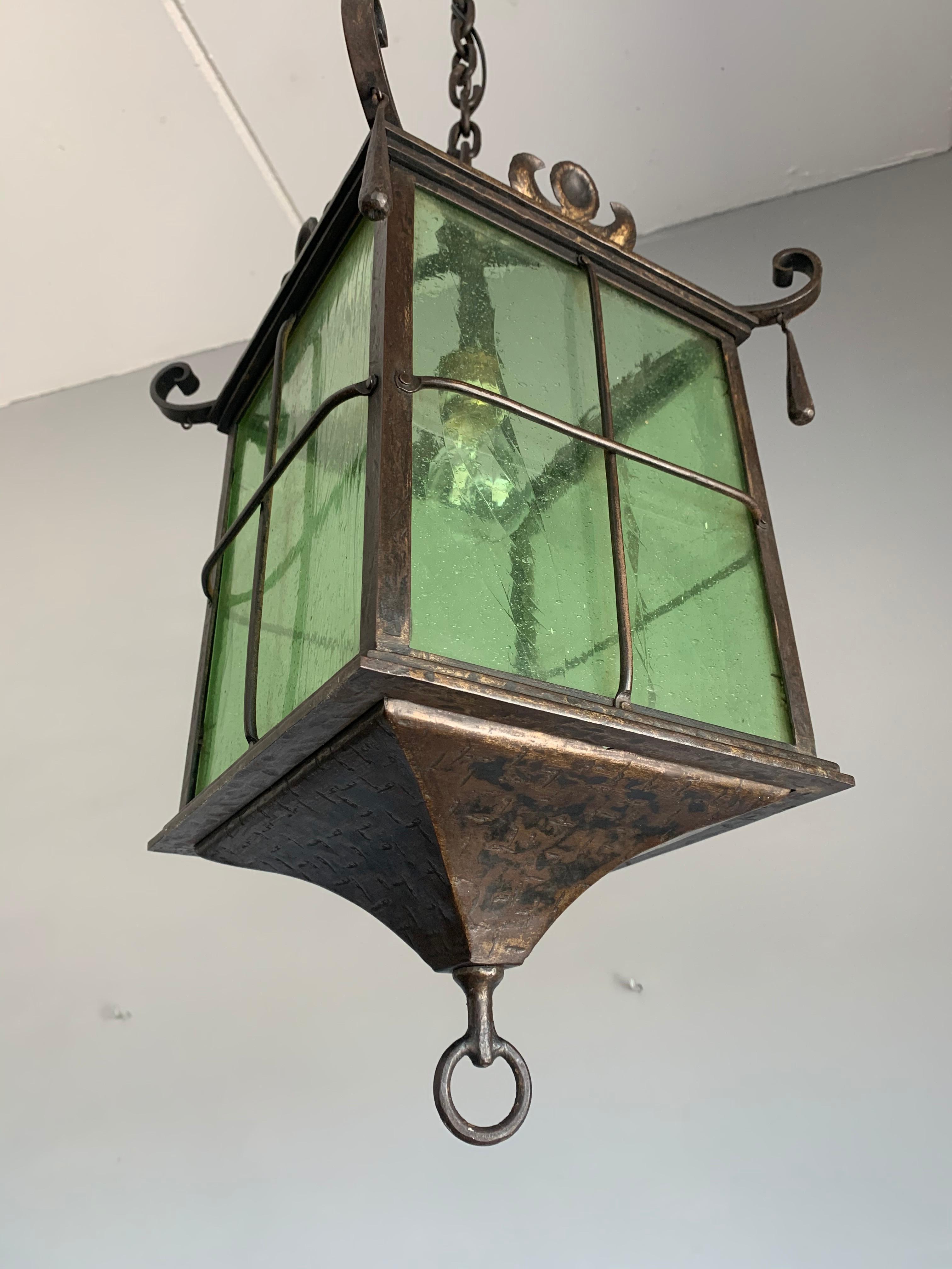 Hand-Crafted Beautiful Large Arts & Crafts Wrought Iron and Cathedral Glass Lantern / Pendant