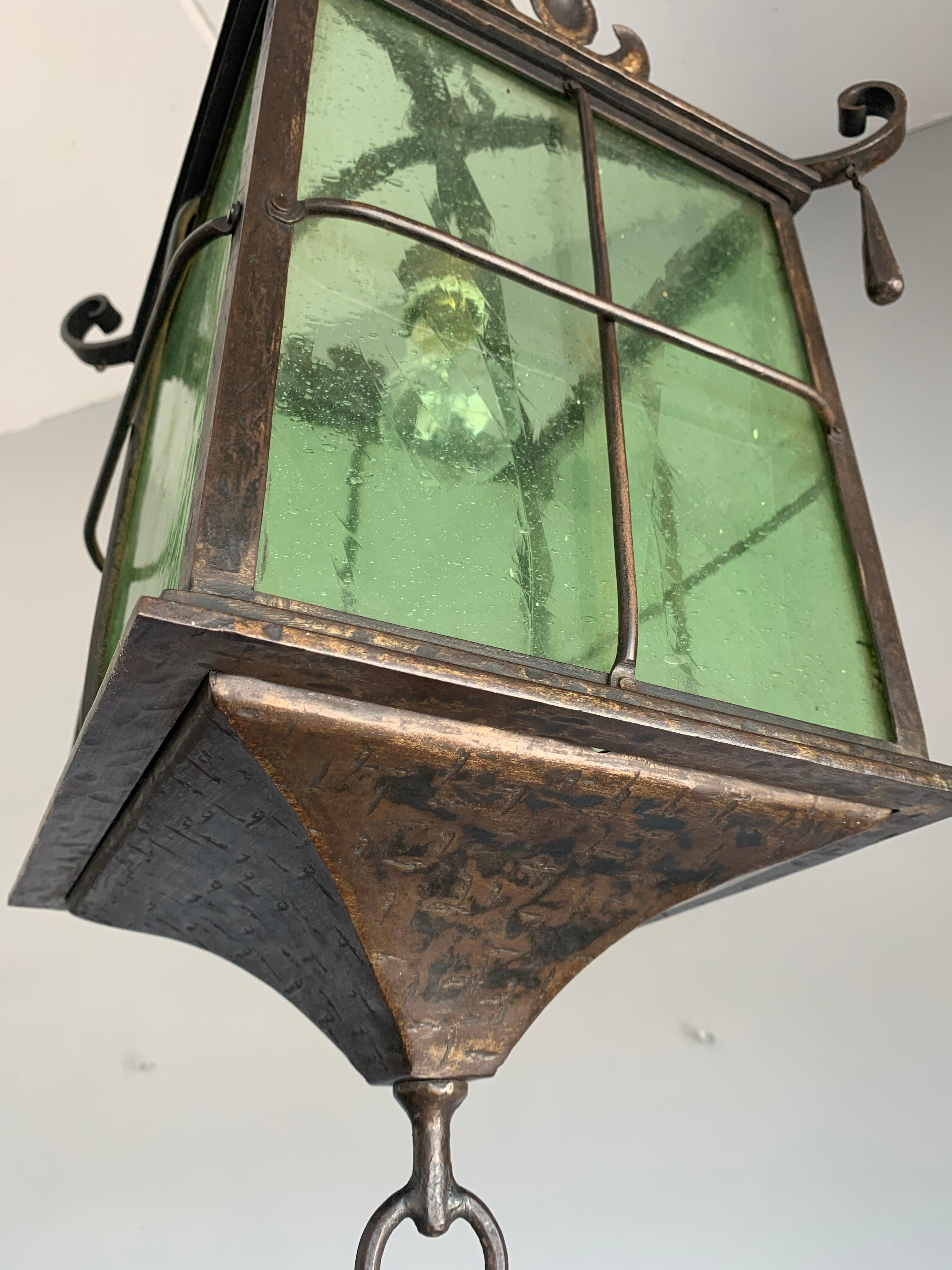 Beautiful Large Arts & Crafts Wrought Iron and Cathedral Glass Lantern / Pendant In Good Condition In Lisse, NL