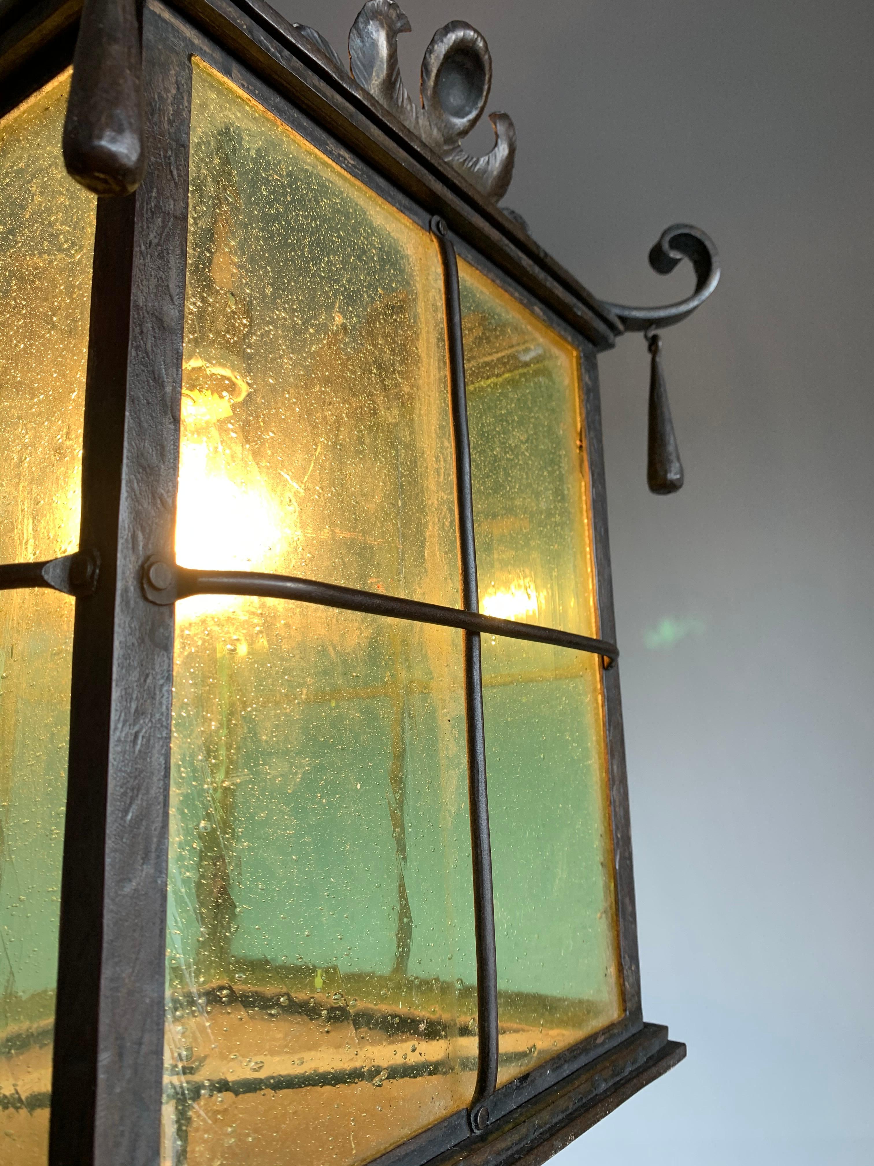 Beautiful Large Arts & Crafts Wrought Iron and Cathedral Glass Lantern / Pendant 2