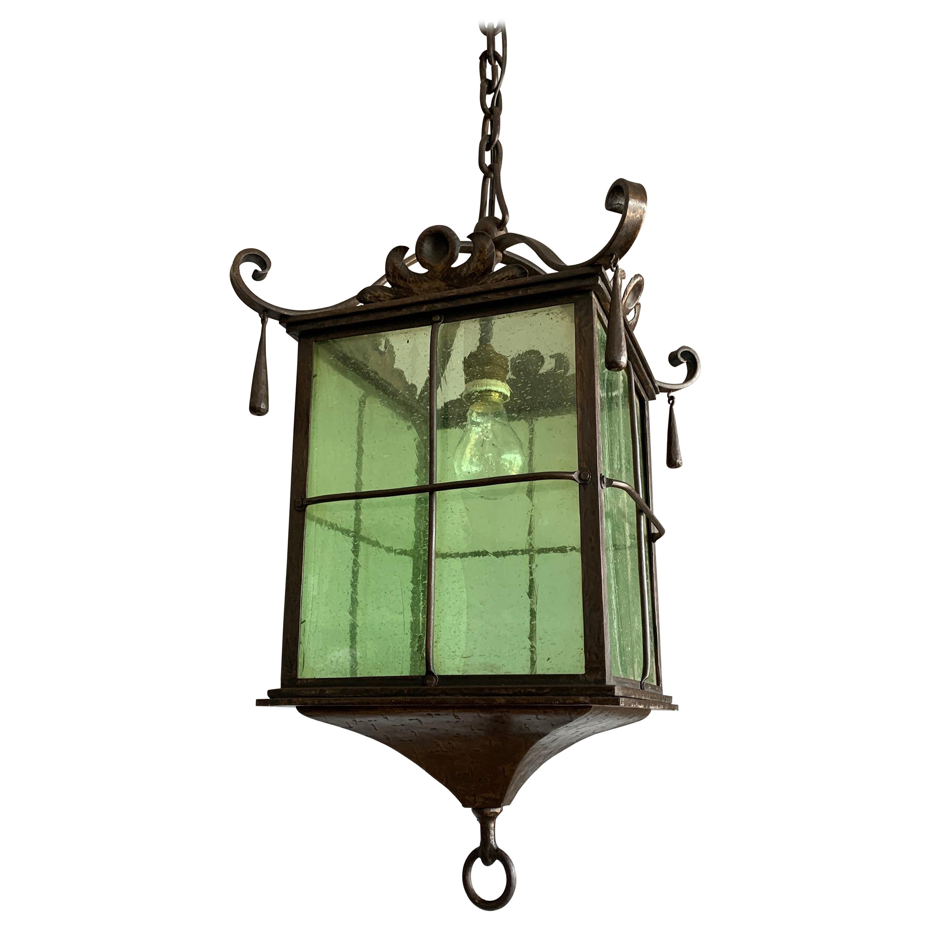 Beautiful Large Arts & Crafts Wrought Iron and Cathedral Glass Lantern / Pendant
