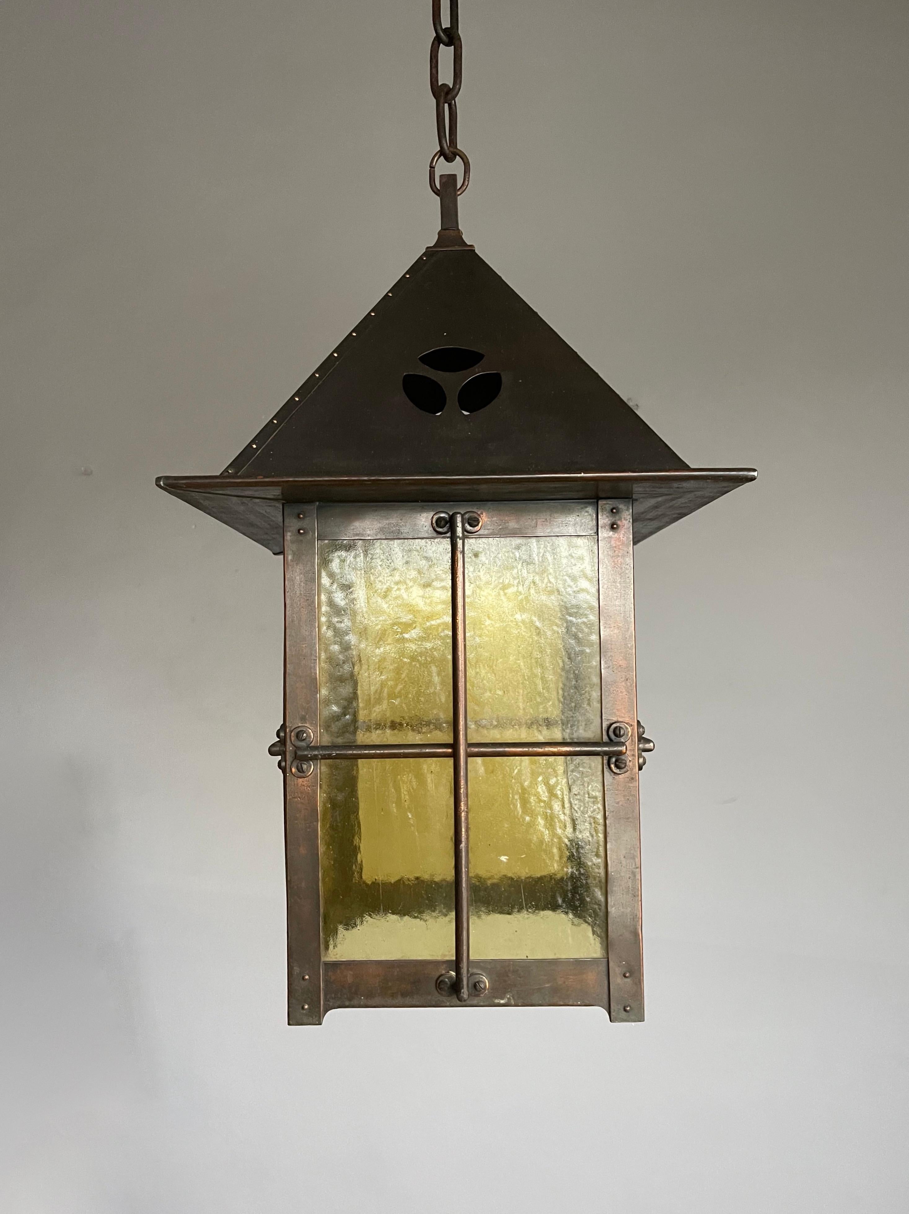 20th Century Beautiful Large Arts & Crafts Copper and Cathedral Glass Lantern / Pendant Light