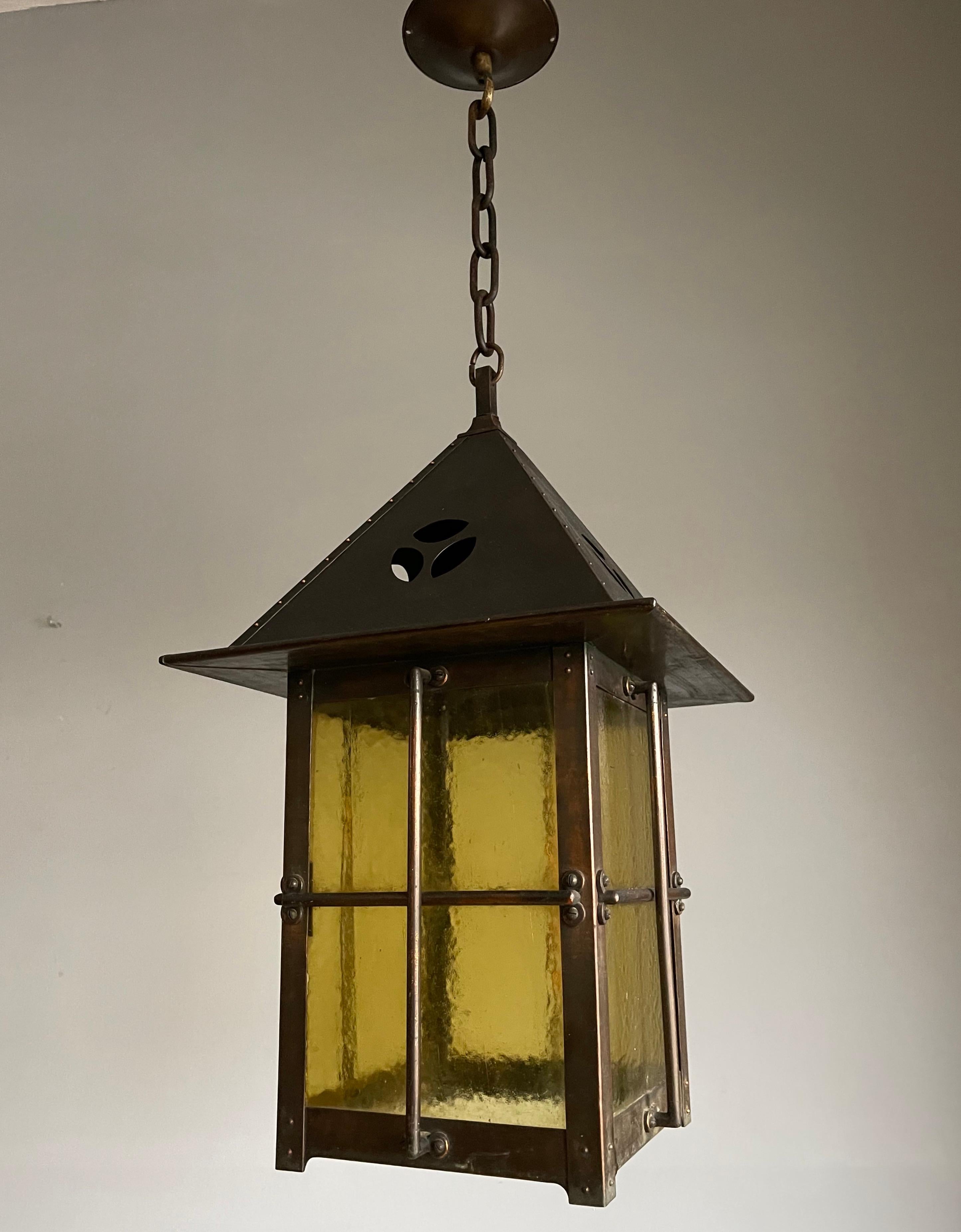 Beautiful Large Arts & Crafts Copper and Cathedral Glass Lantern / Pendant Light 10