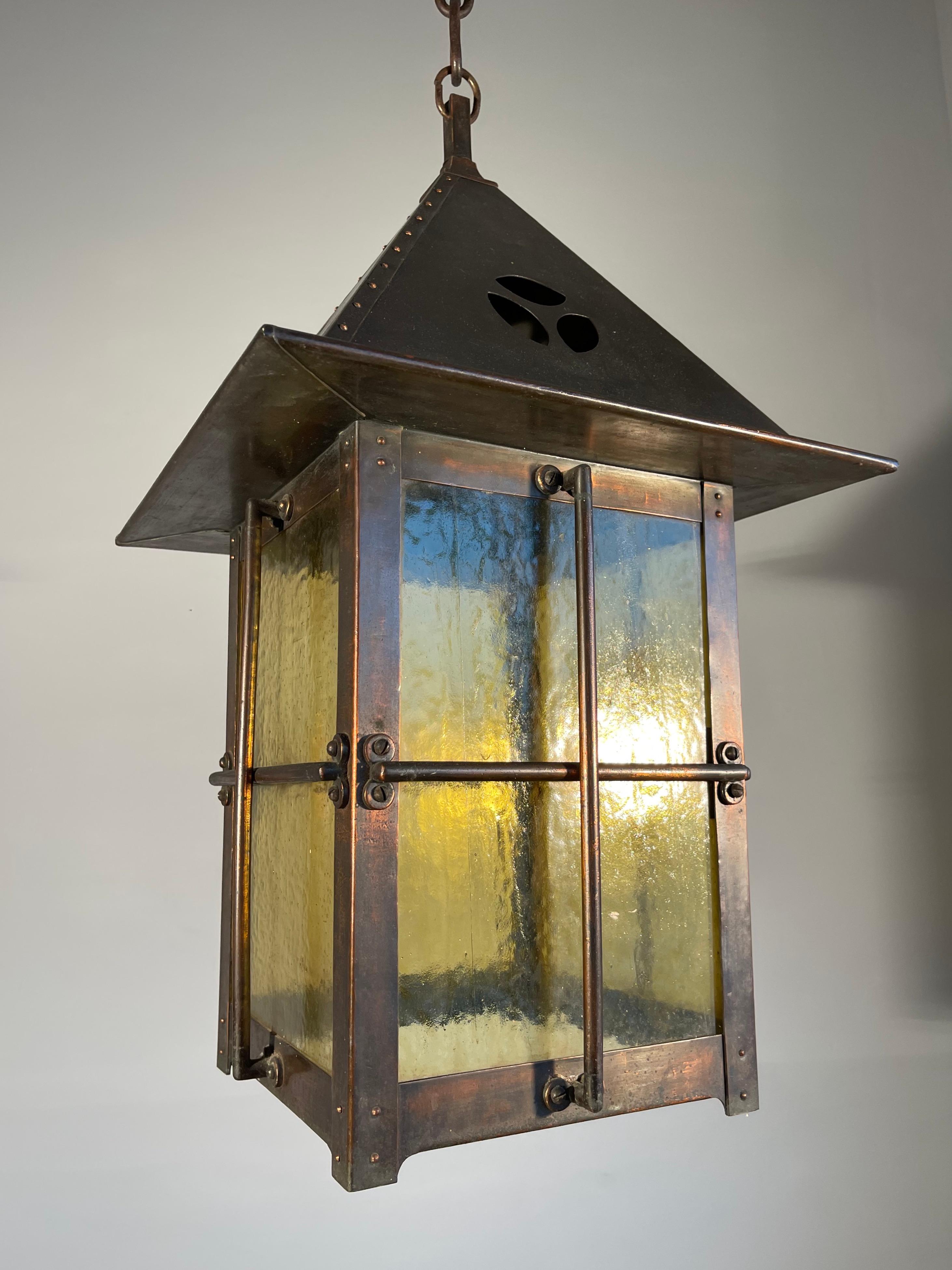 Arts and Crafts Beautiful Large Arts & Crafts Copper and Cathedral Glass Lantern / Pendant Light