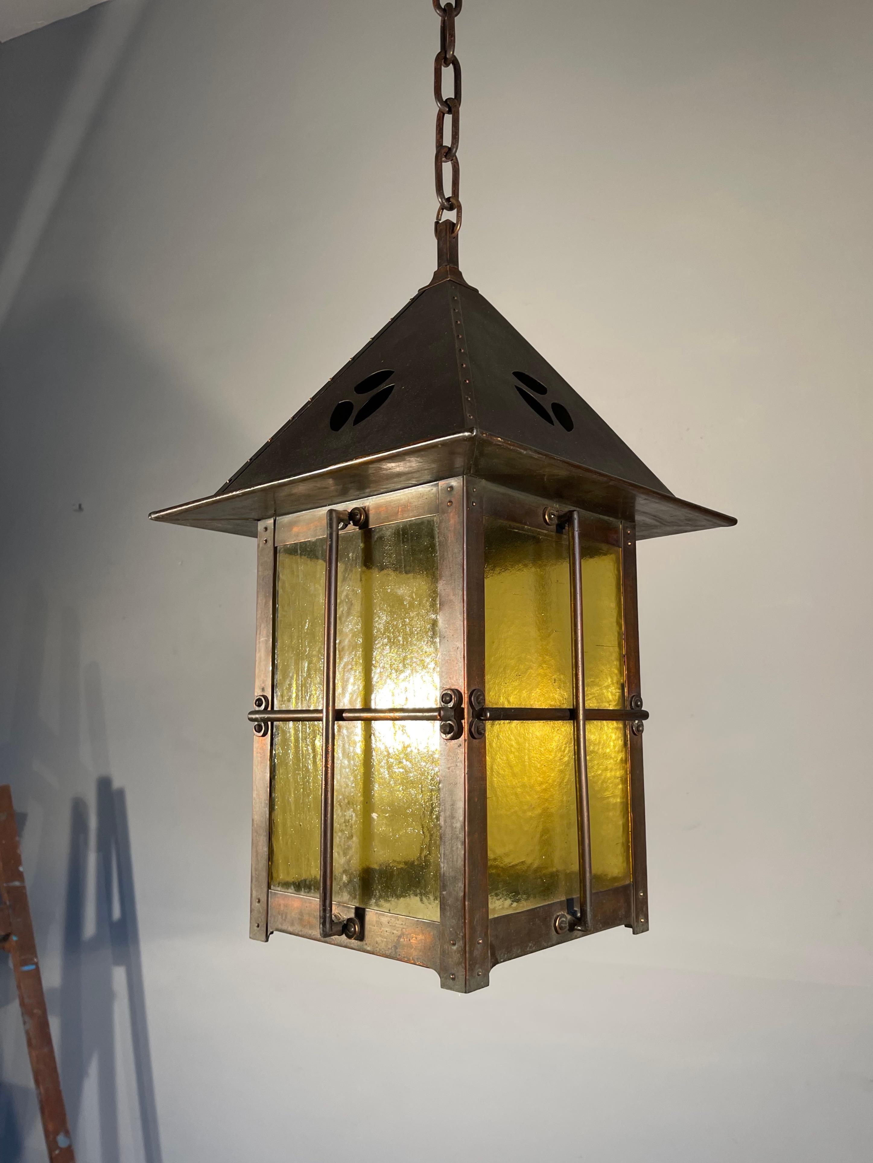 European Beautiful Large Arts & Crafts Copper and Cathedral Glass Lantern / Pendant Light