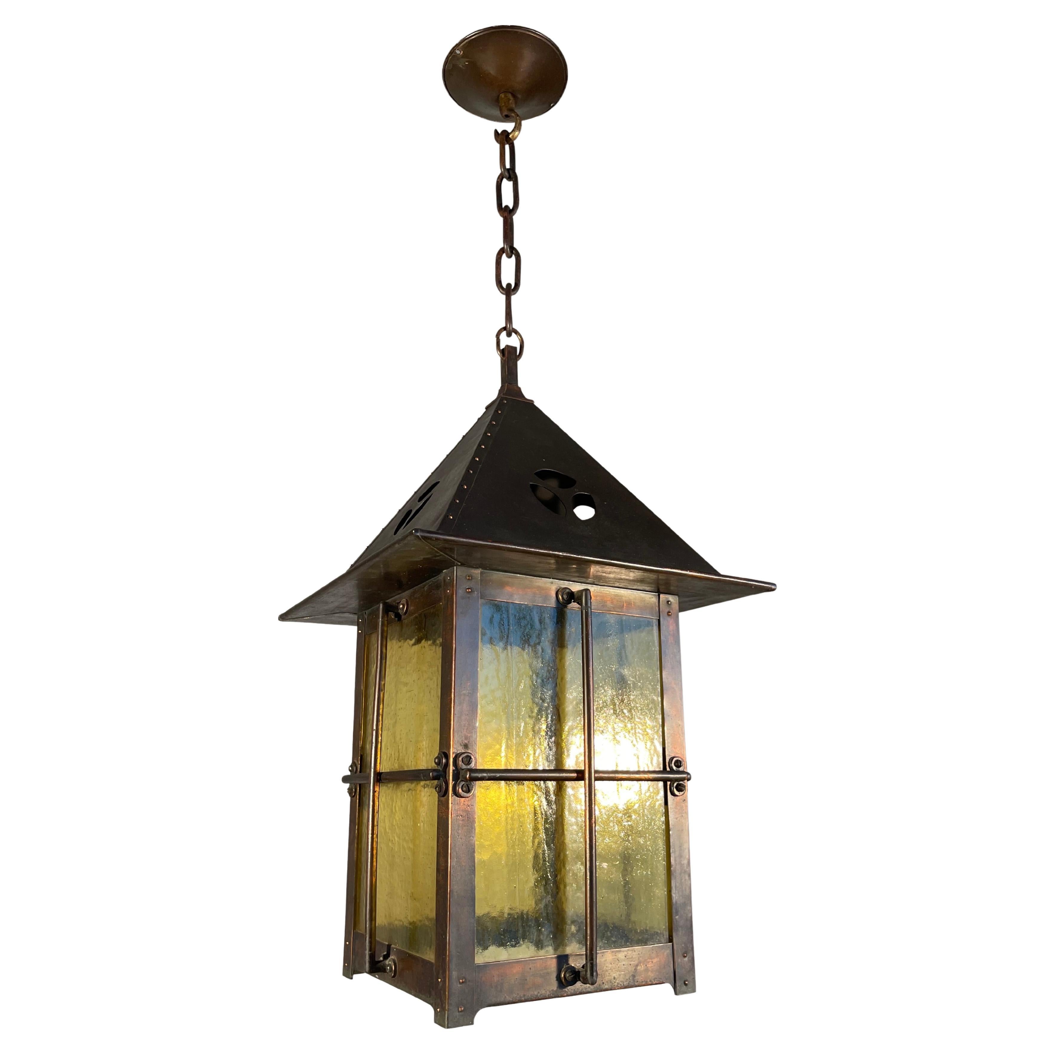 Beautiful Large Arts & Crafts Copper and Cathedral Glass Lantern / Pendant Light