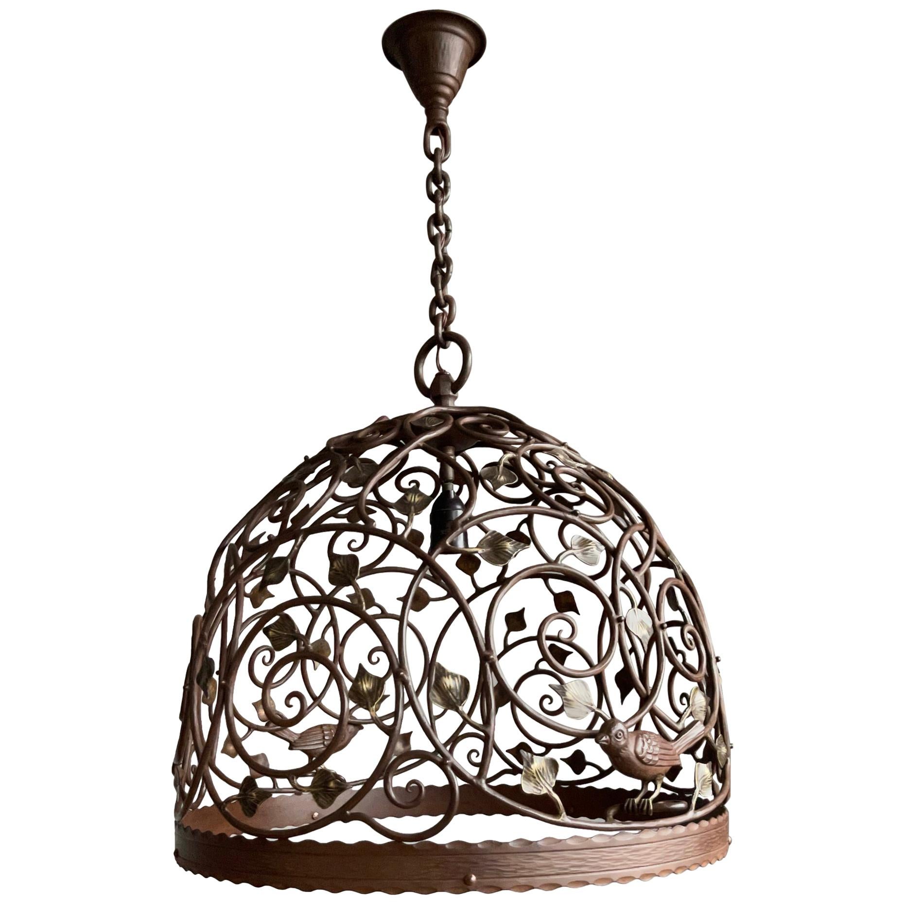 Beautiful Large Arts and Crafts Wrought Iron & Bronze Pendant Light / Chandelier