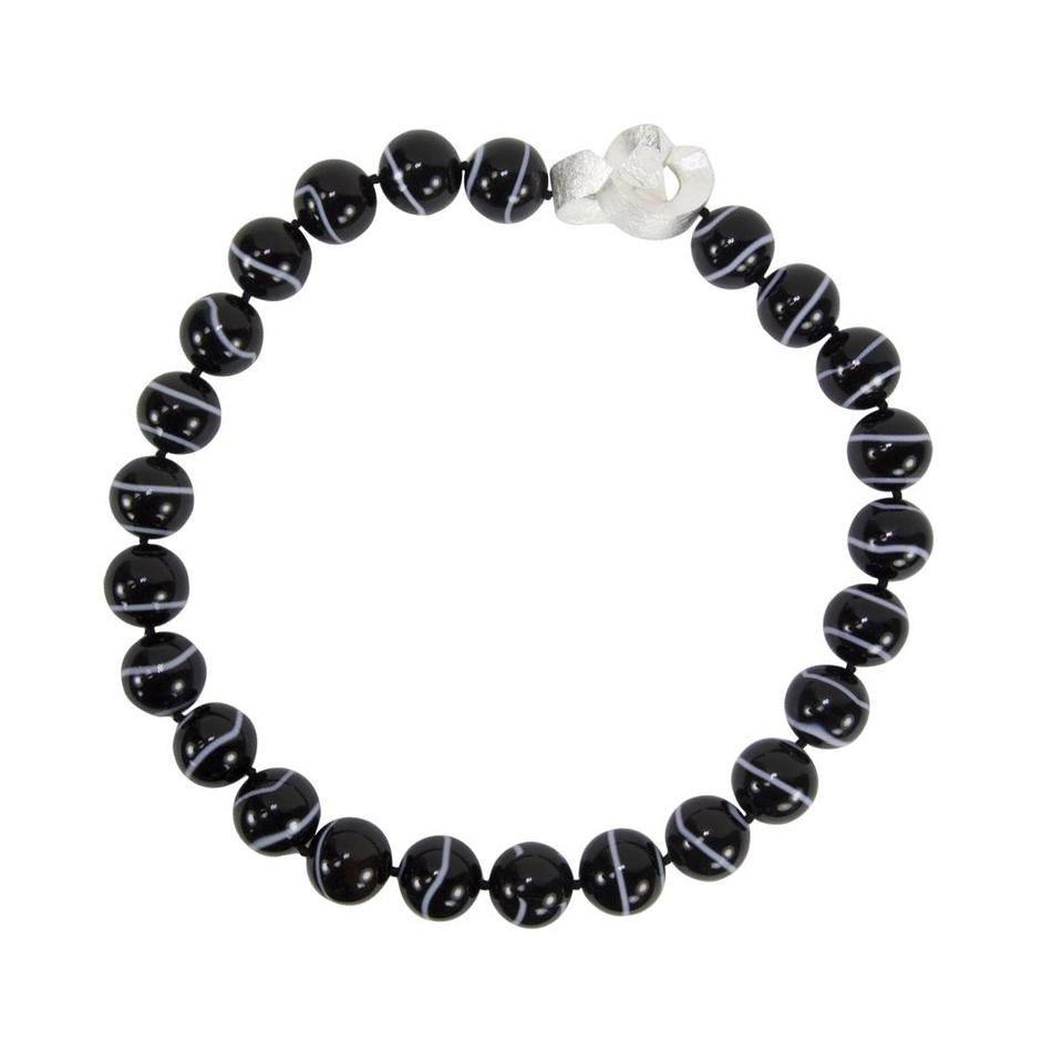 Beautiful Large Black Banded Agate Bead Statement Necklace For Sale at ...