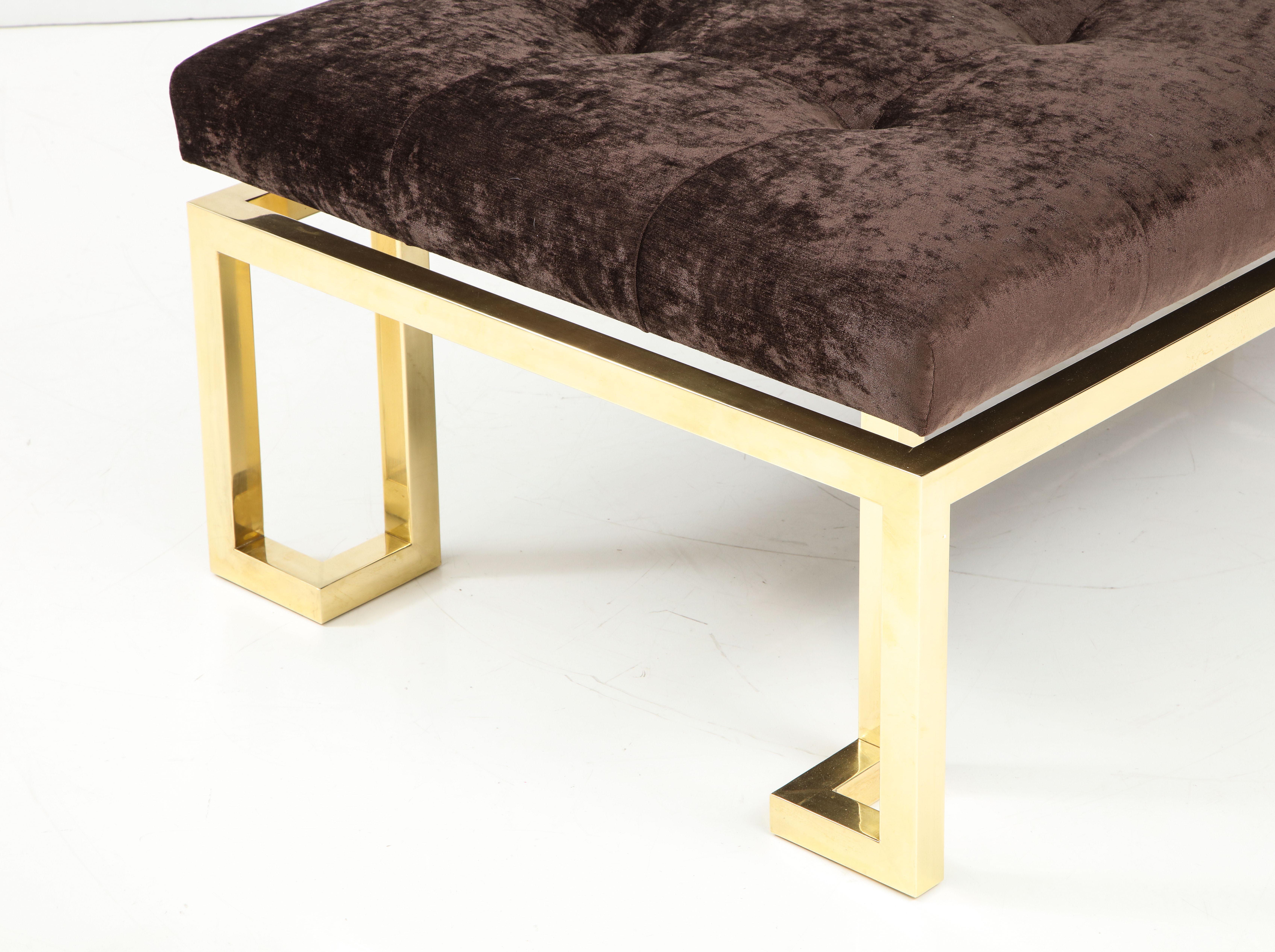 Beautiful Large Brass Greek Key Upholstered Bench In Excellent Condition In New York, NY