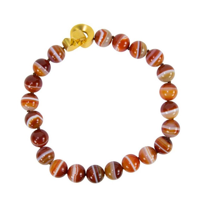 Beautiful Large Carnelian Banded Agate Bead Statement Necklace For Sale