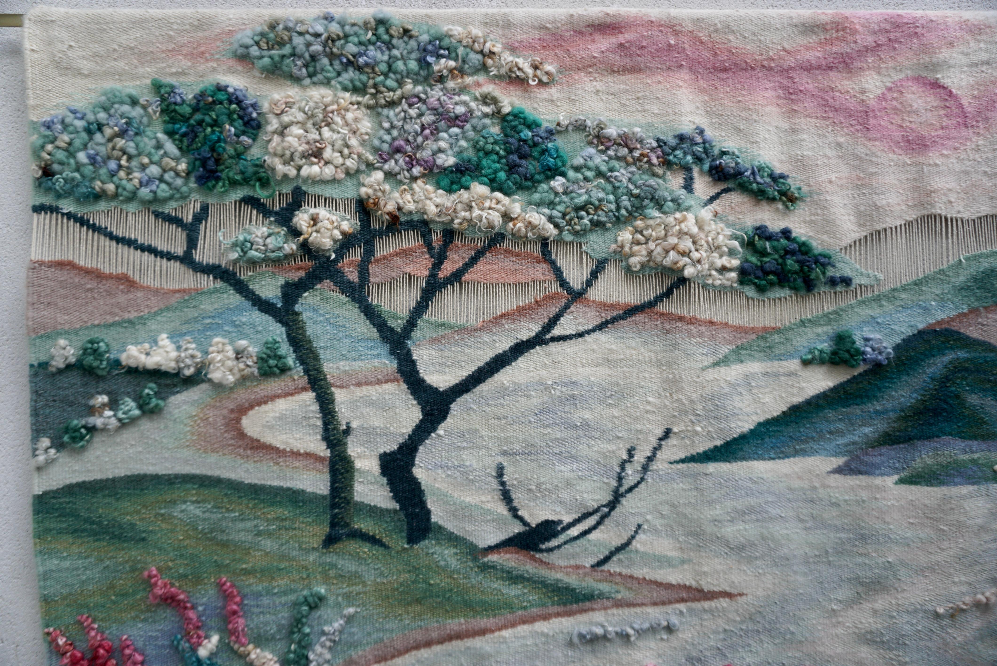 Beautiful contemporary hand knotted wool landscape tapestry, ca. 1970-1980

Hand knotted on a vertical loom in wool, vegetable colours.
Perfect condition considering the age of the object.