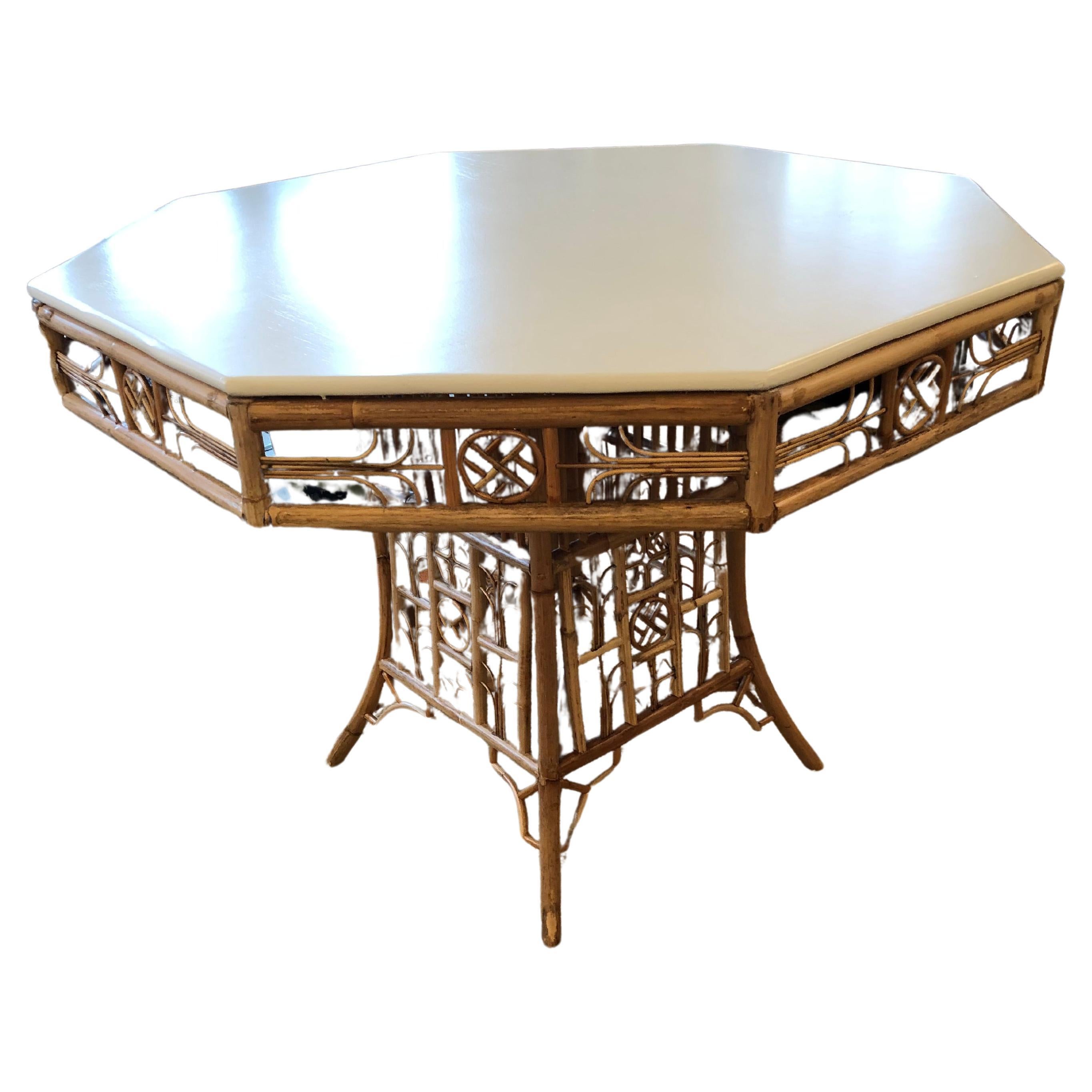 Beautiful Large Custom Rattan Octagonal Center or Dining Table For Sale