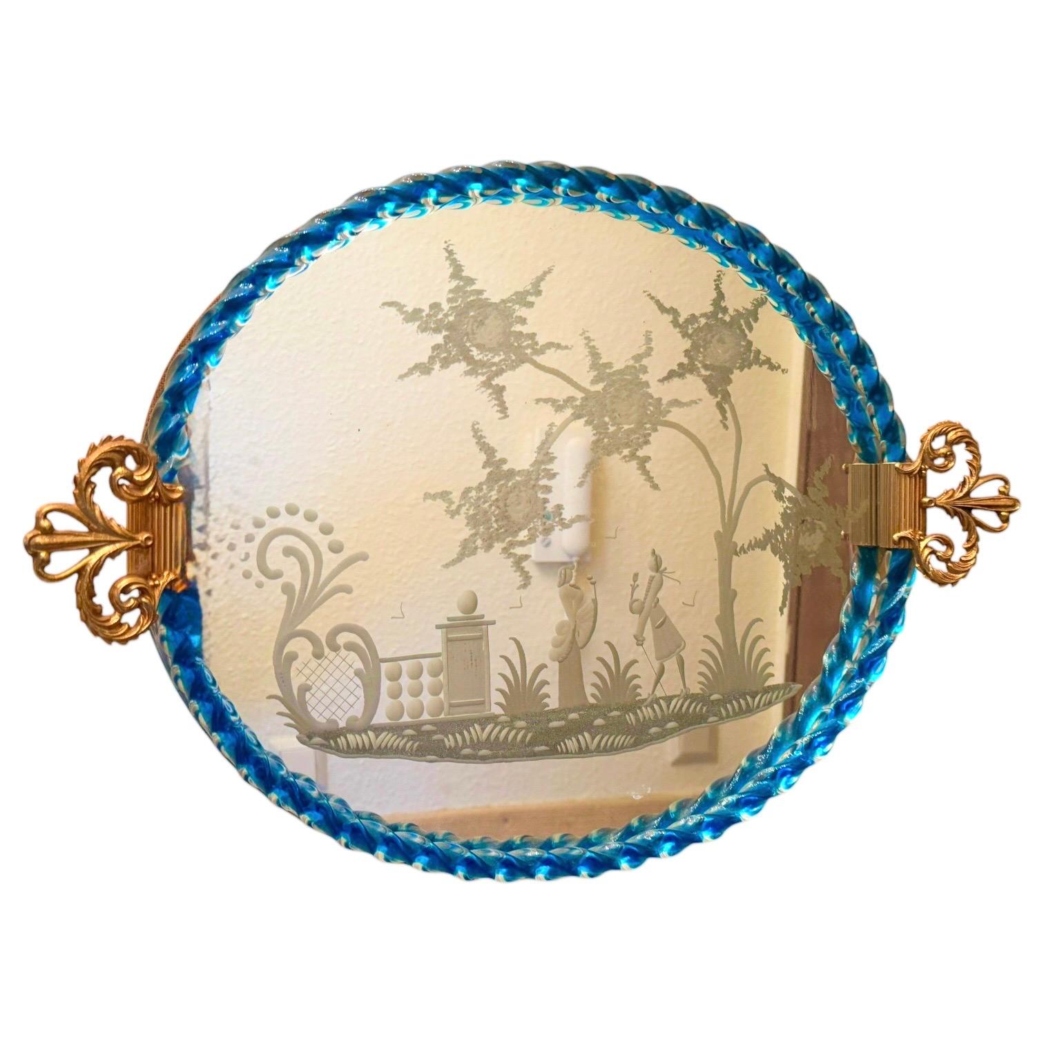 Beautiful large Etched Murano Glass Mirrored Tray by Barovier, Italy, 1980s For Sale 4