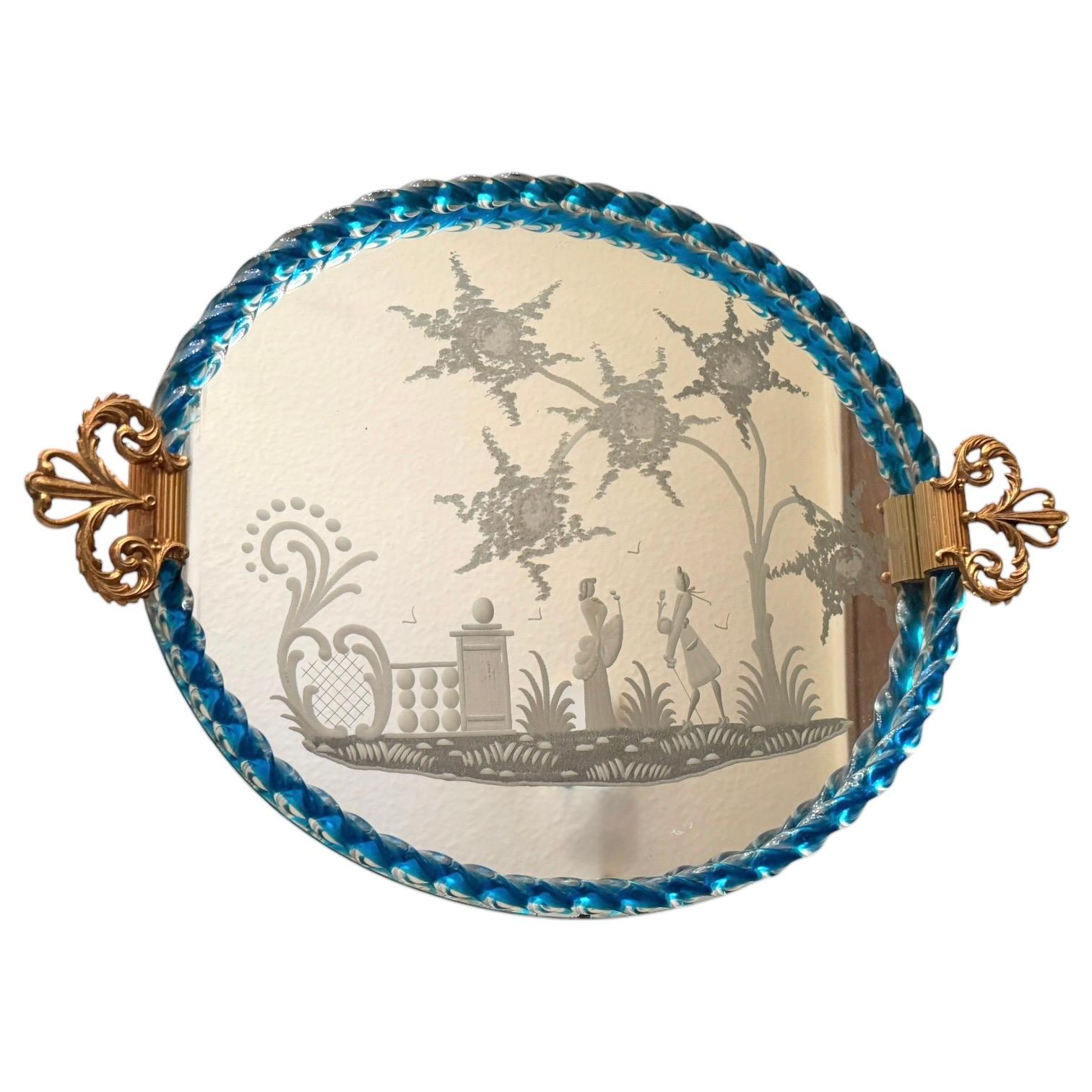 Beautiful large Etched Murano Glass Mirrored Tray by Barovier, Italy, 1980s For Sale 5