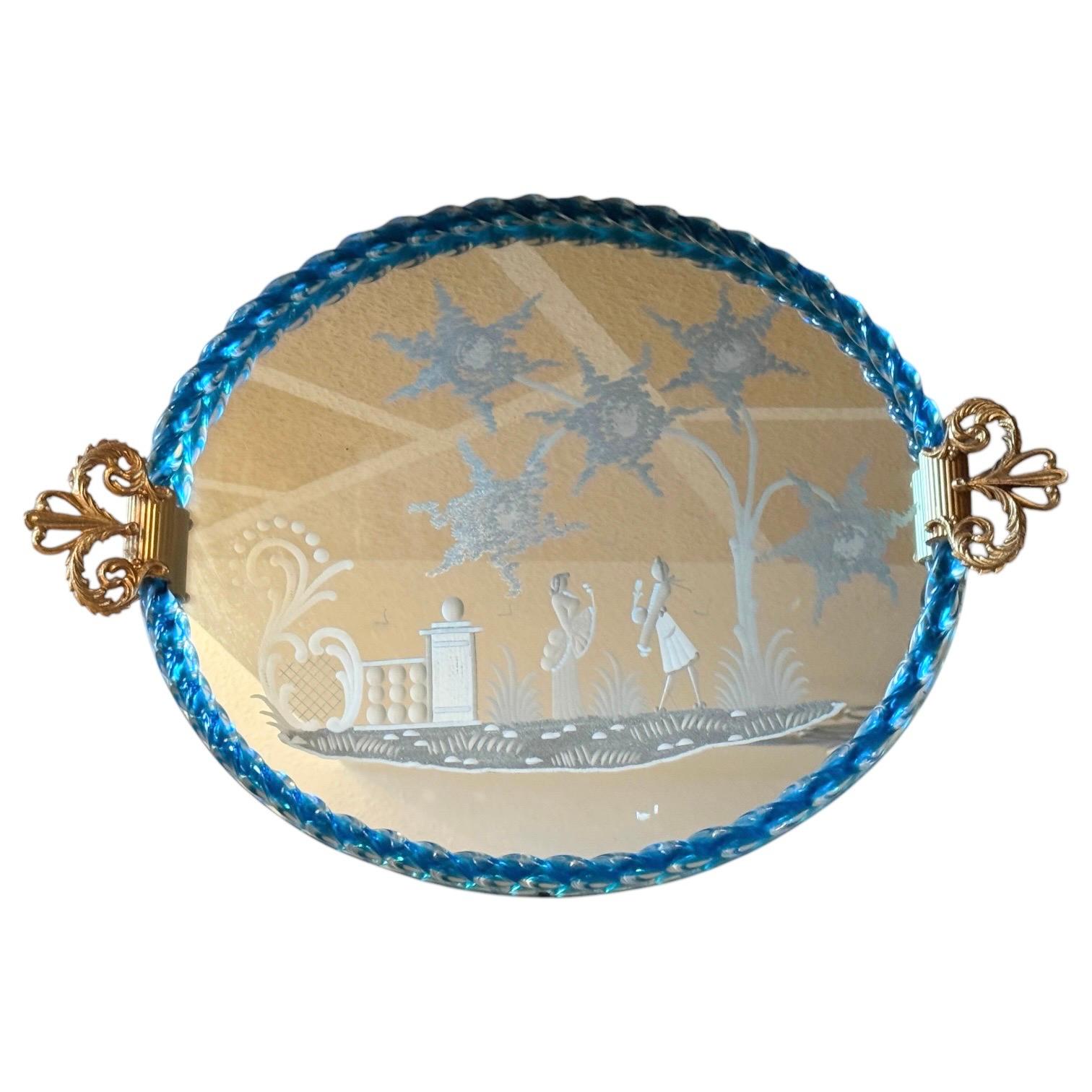 Beautiful large Etched Murano Glass Mirrored Tray by Barovier, Italy, 1980s For Sale 6