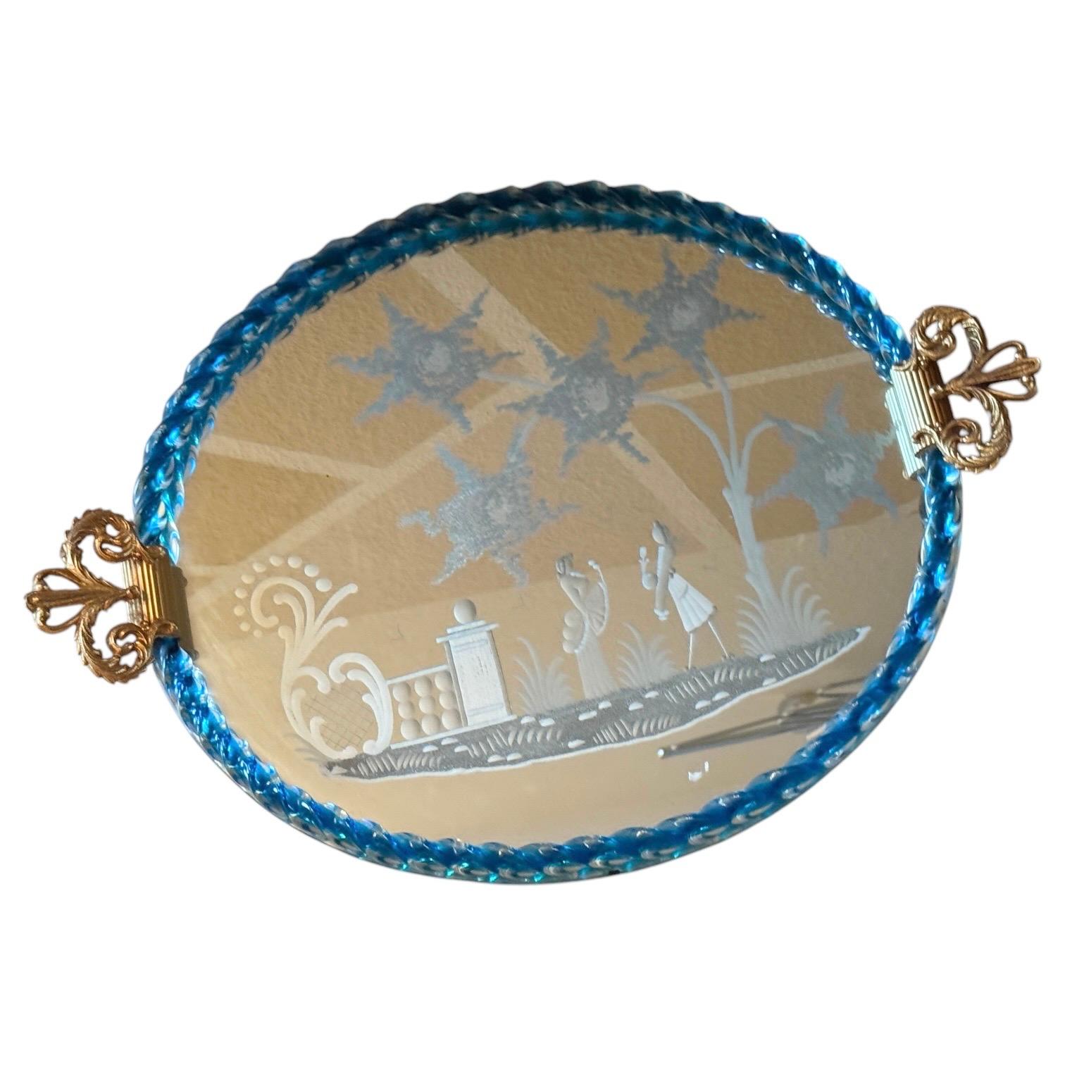 Beautiful large Etched Murano Glass Mirrored Tray by Barovier, Italy, 1980s For Sale 7