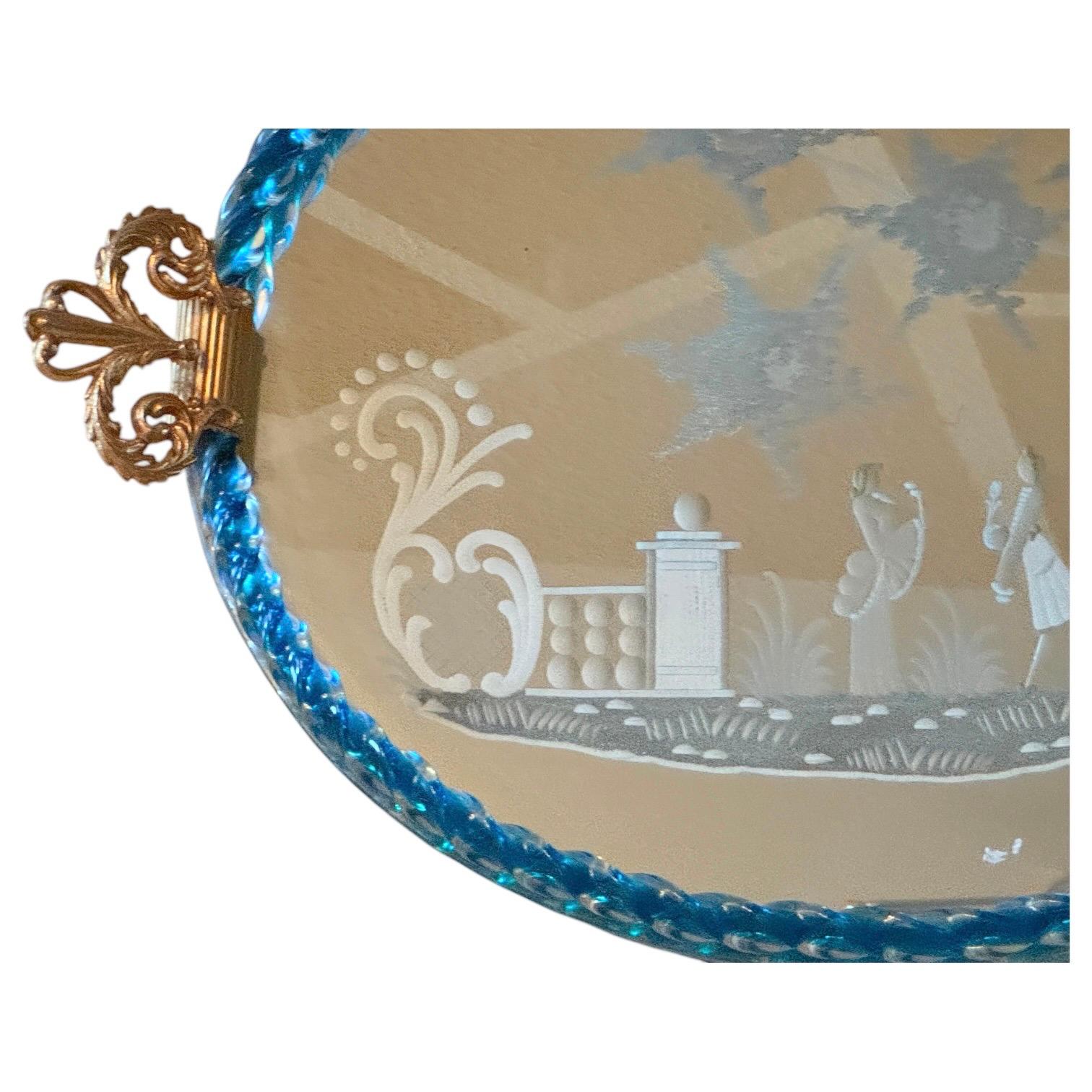 Beautiful large Etched Murano Glass Mirrored Tray by Barovier, Italy, 1980s For Sale 8