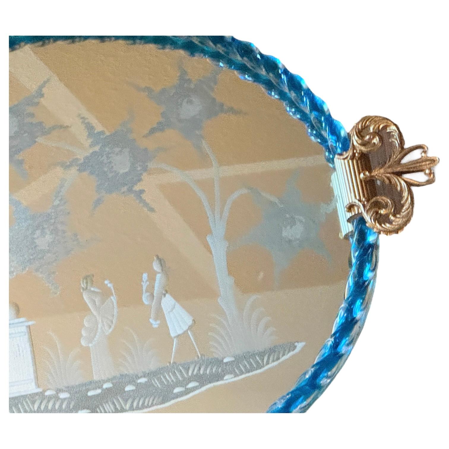 Beautiful large Etched Murano Glass Mirrored Tray by Barovier, Italy, 1980s For Sale 10