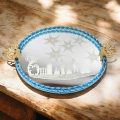 Bellissimo grande vassoio a specchio in vetro di Murano inciso di Barovier, Italia, anni '80