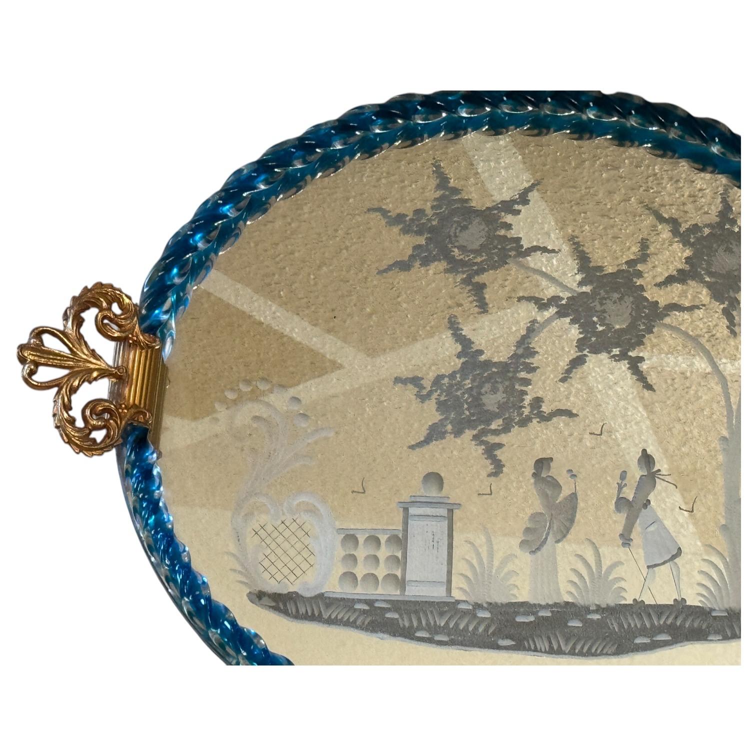 Beautiful large Etched Murano Glass Mirrored Tray by Barovier, Italy, 1980s For Sale 13