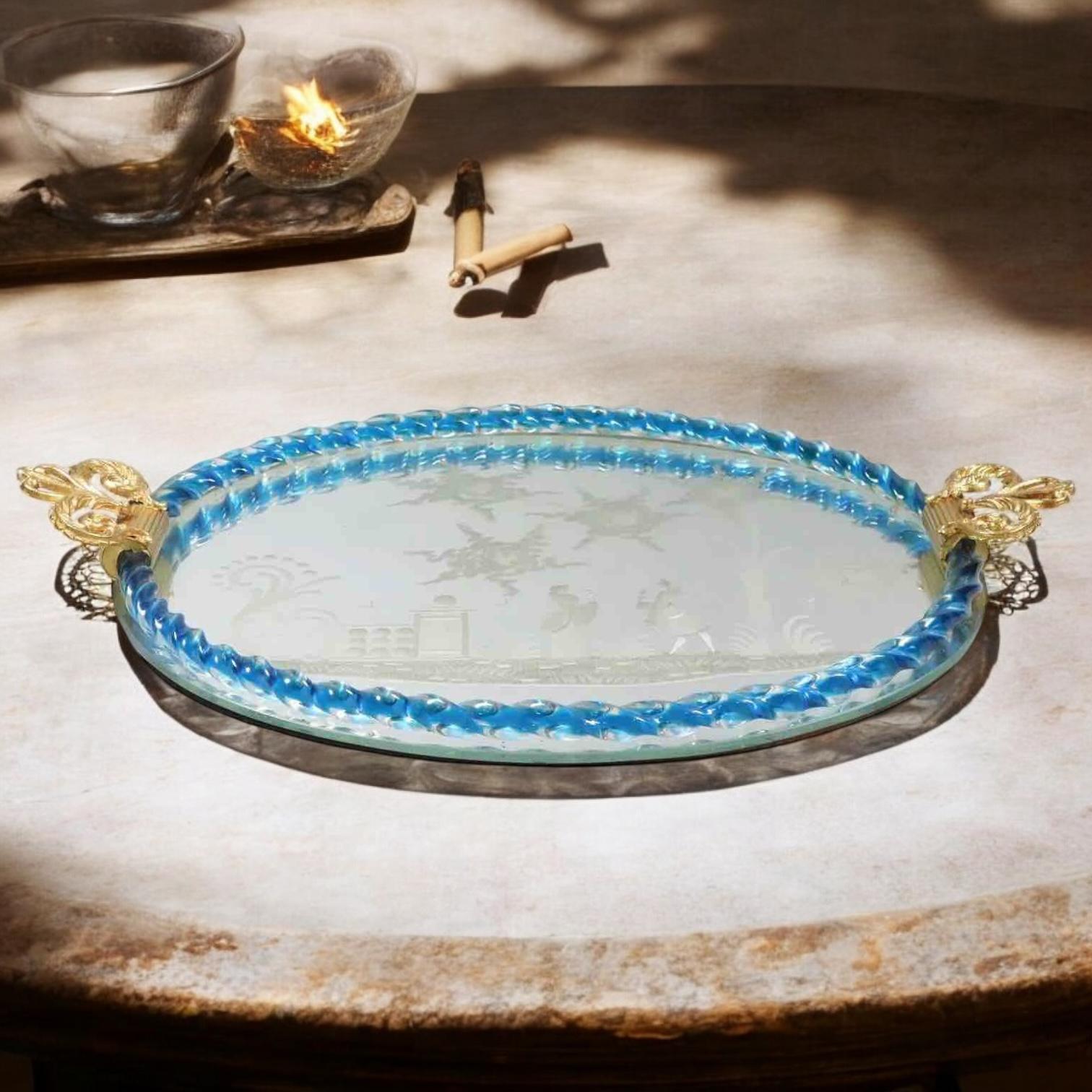 Hollywood Regency Beautiful large Etched Murano Glass Mirrored Tray by Barovier, Italy, 1980s For Sale
