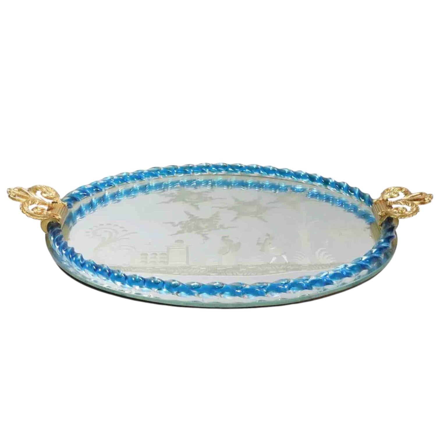Italian Beautiful large Etched Murano Glass Mirrored Tray by Barovier, Italy, 1980s For Sale