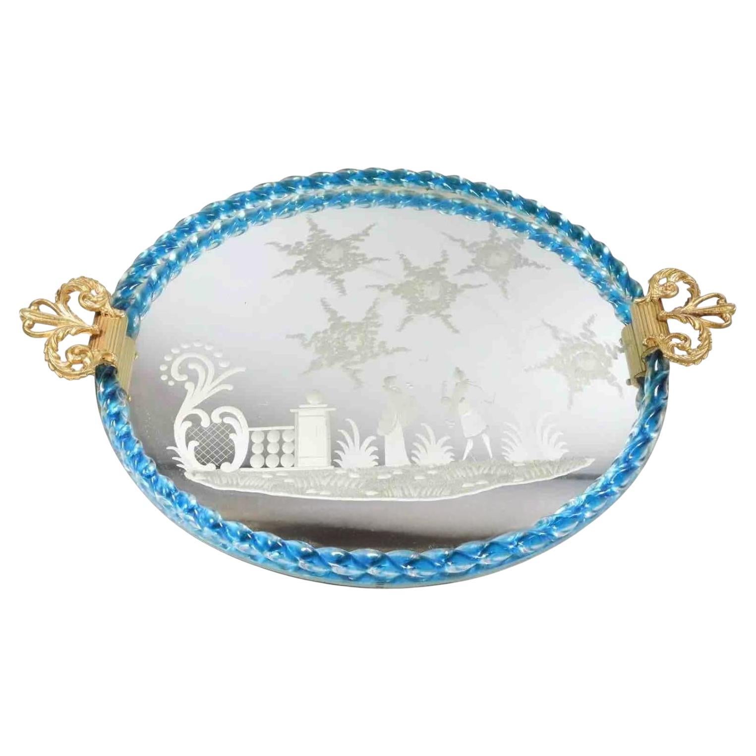Preciosa bandeja grande de cristal de Murano grabado con espejo de Barovier, Italia, años 80