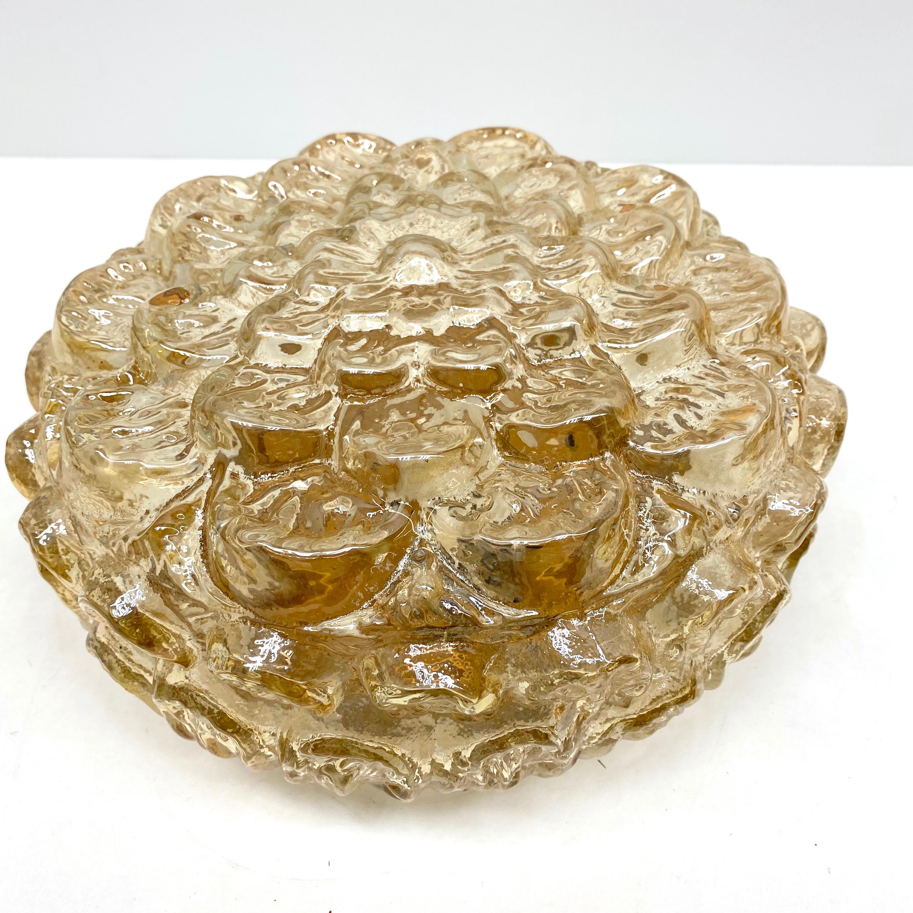 Large flower pattern amber glass flush mount. Made in Germany by RZB Leuchten. Gorgeous textured glass flush mount with metal fixture. The Fixture requires one European E27 / 110 Volt Edison bulb, up to 60 watts.