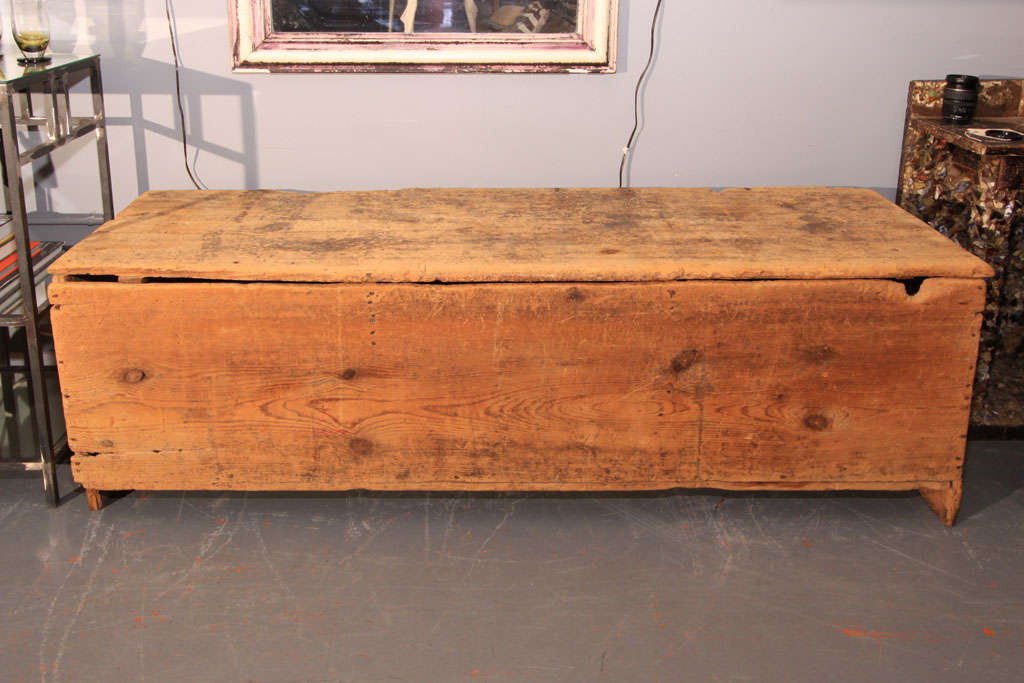 Beautiful mellow wood grain bin. Great patina - would be beautiful at foot of bed or as a sofa table or low console. Perfect in a mud room for ample storage and sturdy seating.