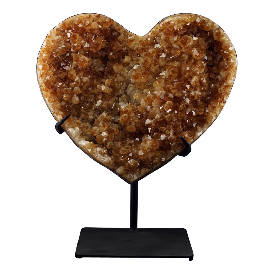 Beautiful Large Hand‑Carved Golden Citrine Heart on Custom Black Stand