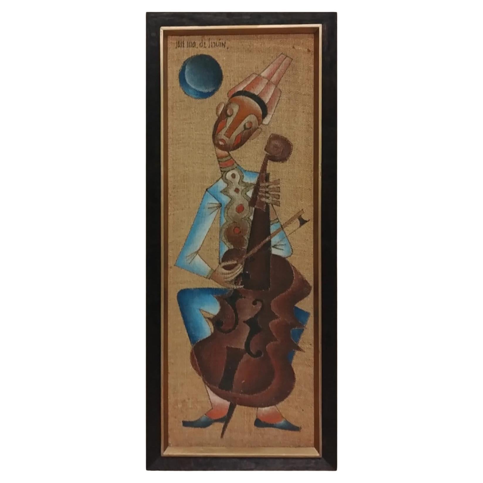Beautiful large José María de Servín Painting of Stylized Cello Player 
