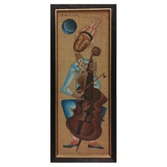 Belle grande peinture de José María de Servín représentant un joueur de Cello stylisé 