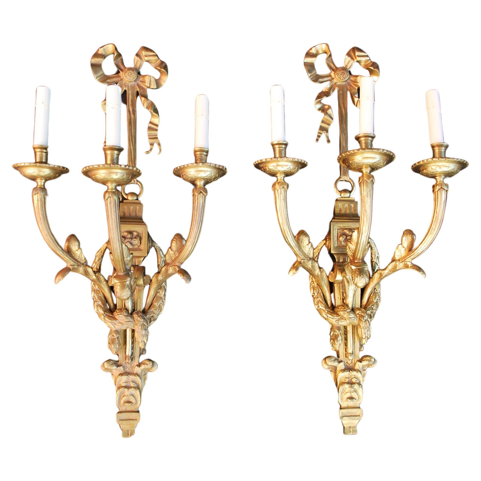 Beautiful large pair  French solid bronze sconces For Sale