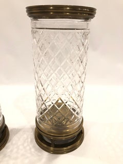 Beautiful Large Pair of Brass and Cut Glass Columnar Hurricanes Candle Holders