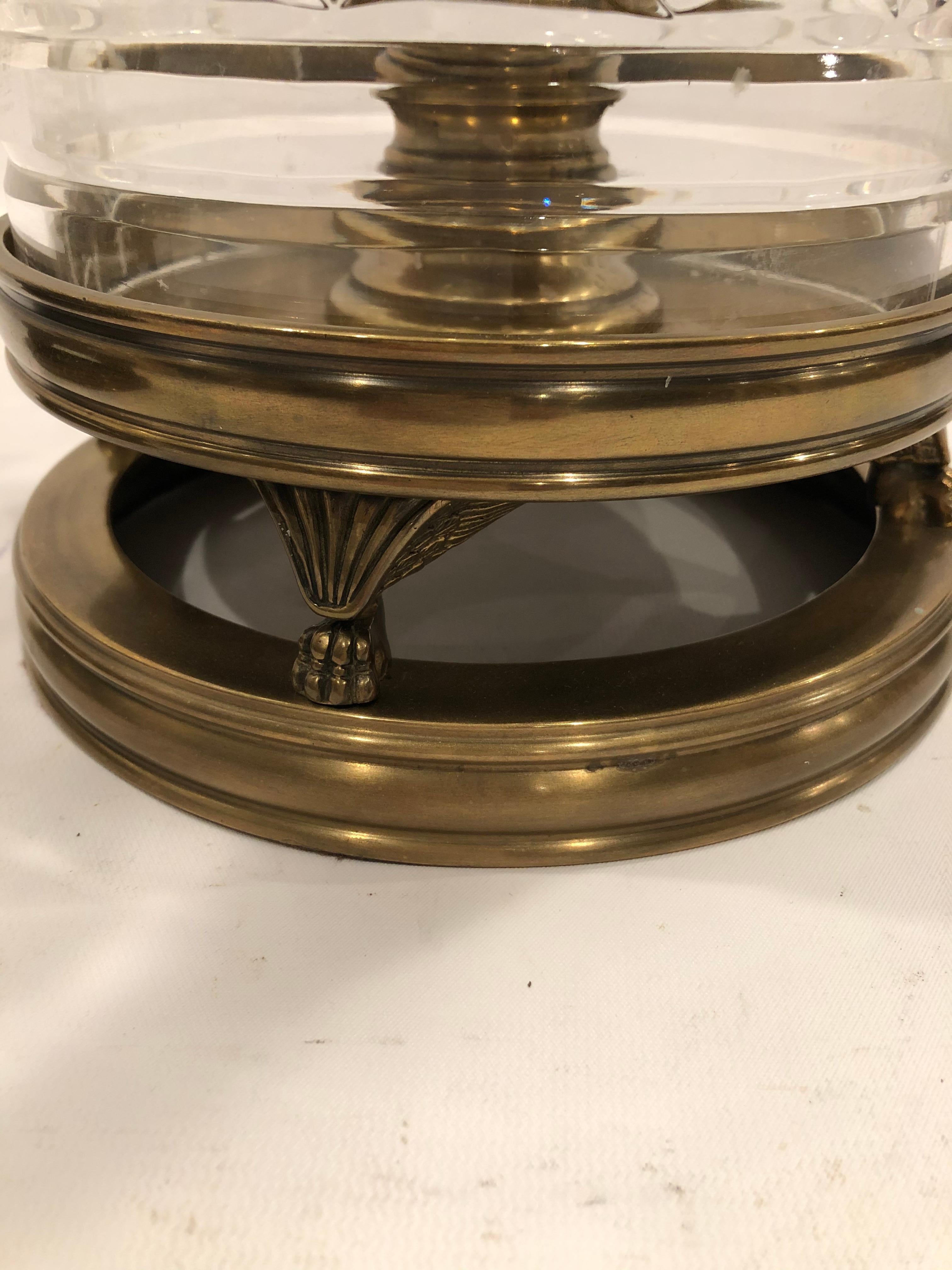 Beautiful Large Pair of Brass and Cut Glass Columnar Hurricanes Candle Holders 2