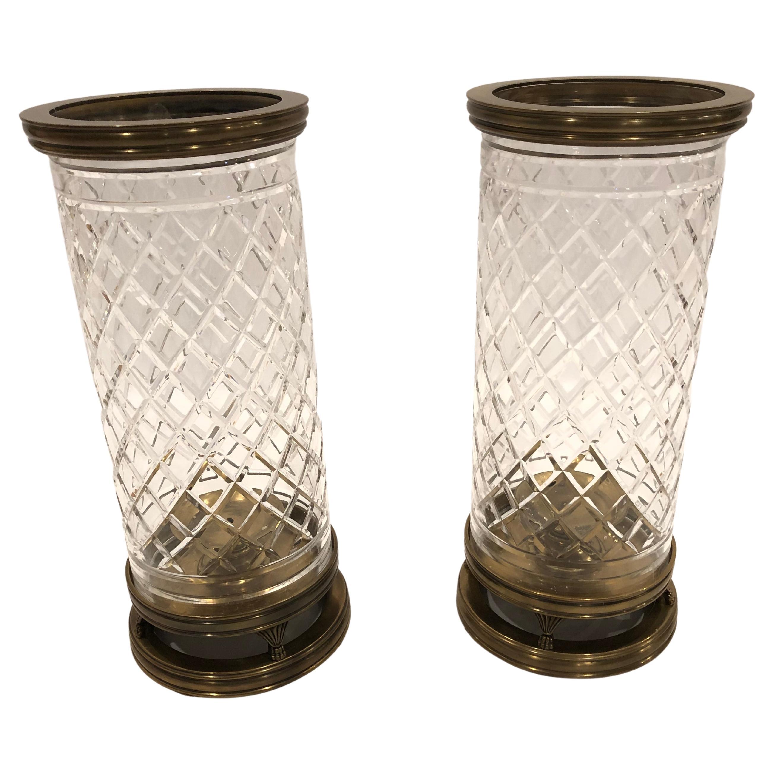 Beautiful Large Pair of Brass and Cut Glass Columnar Hurricanes Candle Holders
