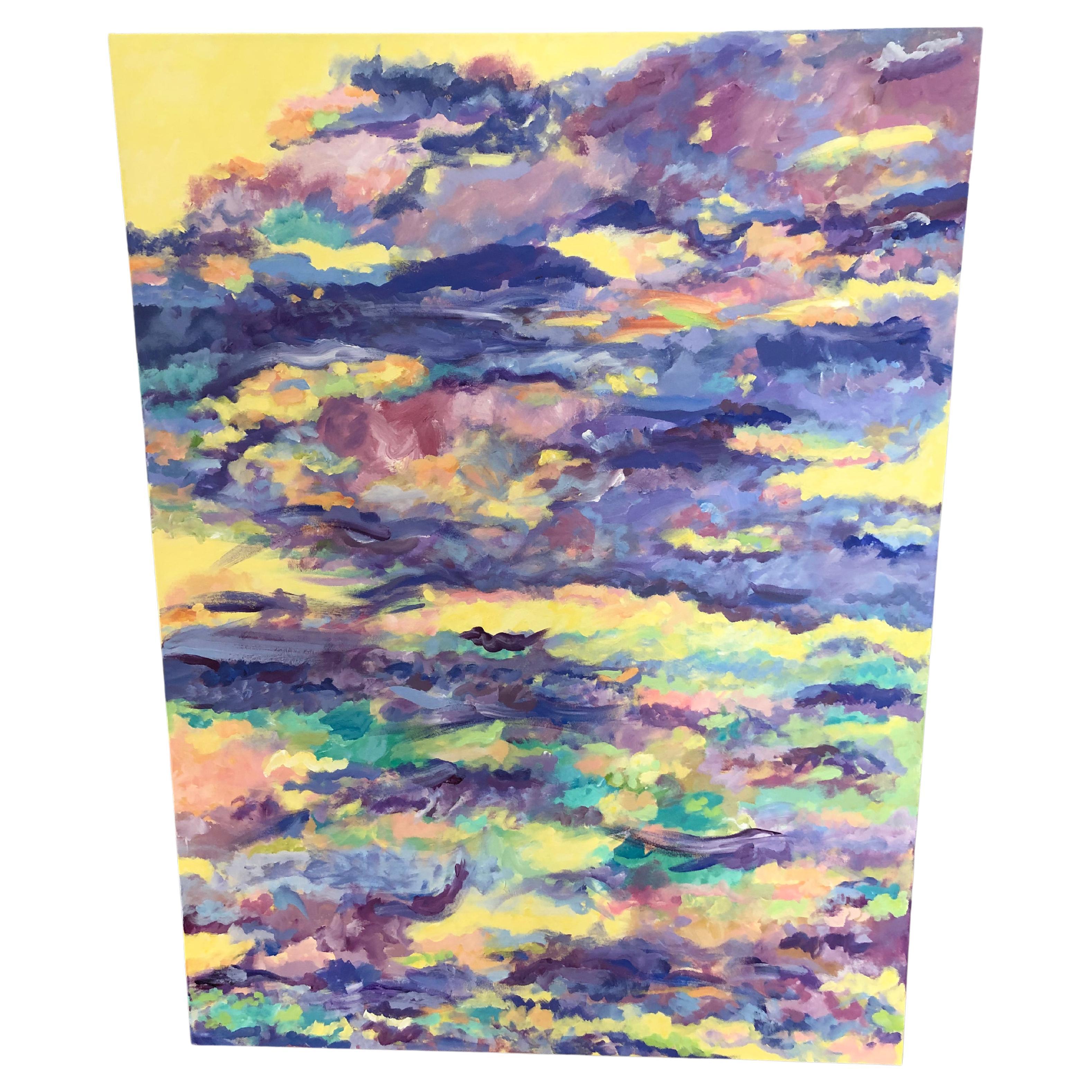 Beautiful Large Rectangular Abstract in Yellow, Violet and Blue