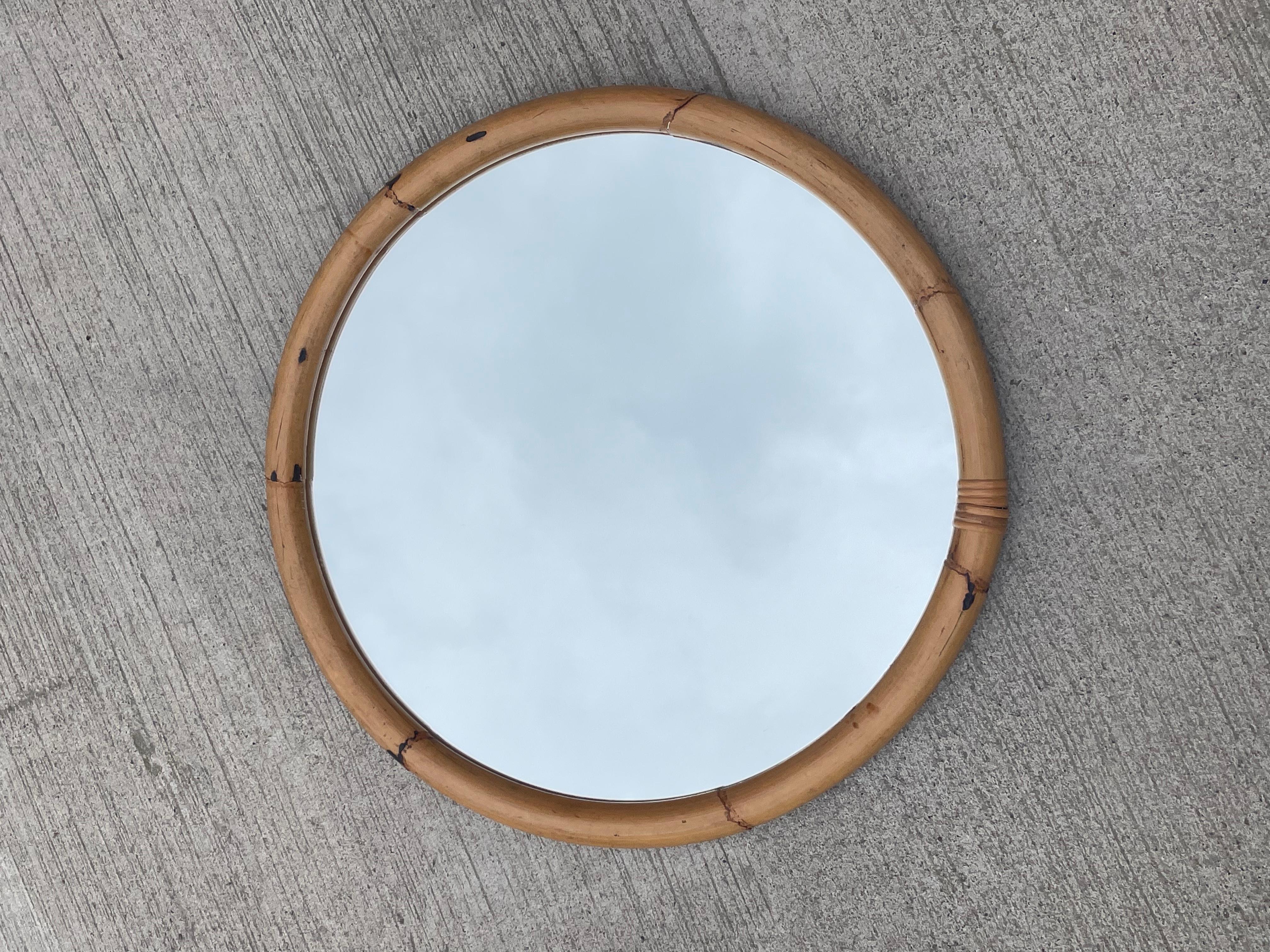 20th Century Beautiful Large Round Bamboo Midcentury French Riviera Mirror For Sale