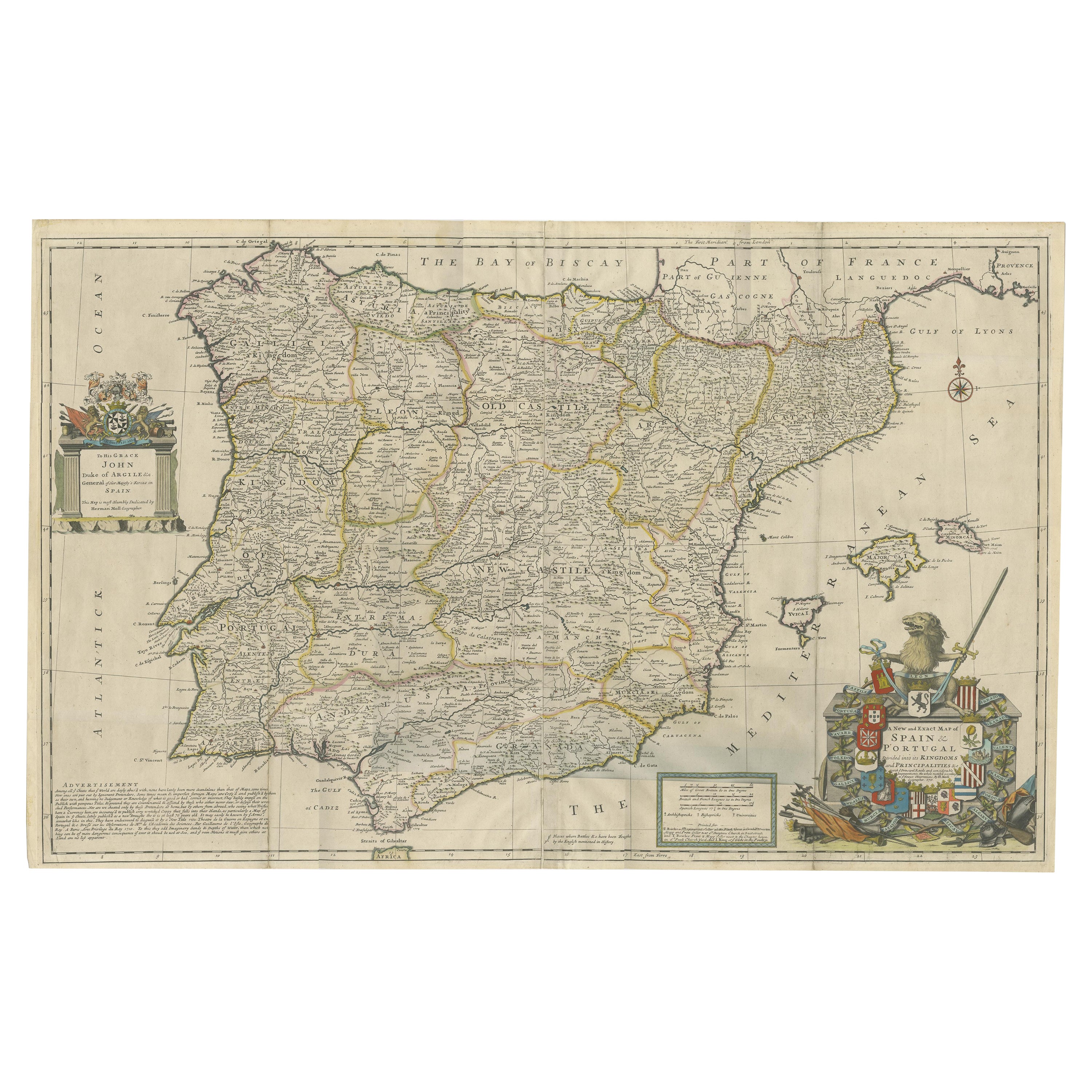 Magnifique carte à grande échelle d'Espagne et du Portugal publiée par Herman Moll en 1711