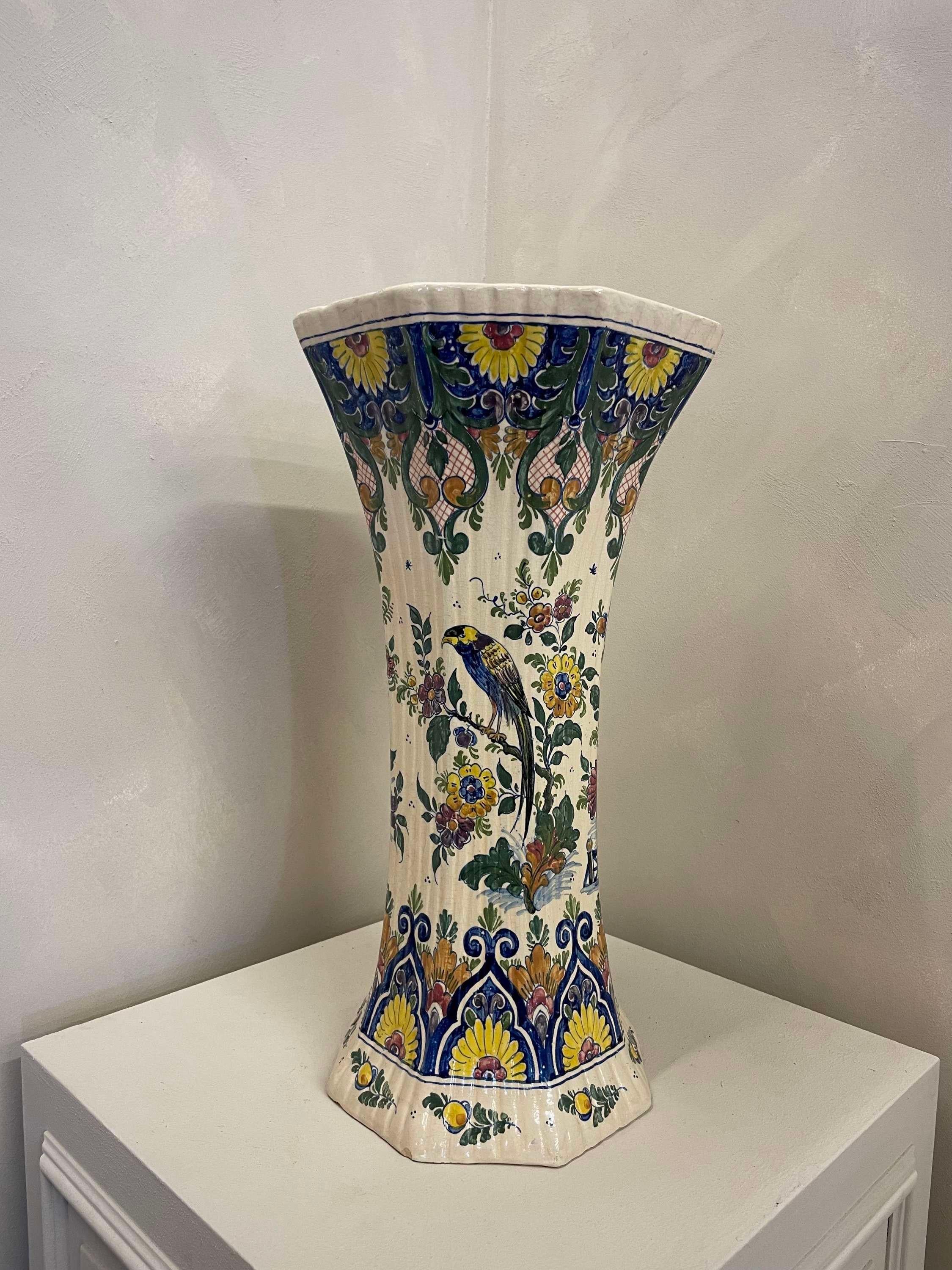 Beautiful Large Scale Reeded column hand painted Early 20th c Delft Vase
Amazing condition for the age of this piece , the odd chip to the base see photos 
Octagon Shape With a Fluted body
A True Country House Interiors Piece 
Dimensions:H: 54cm