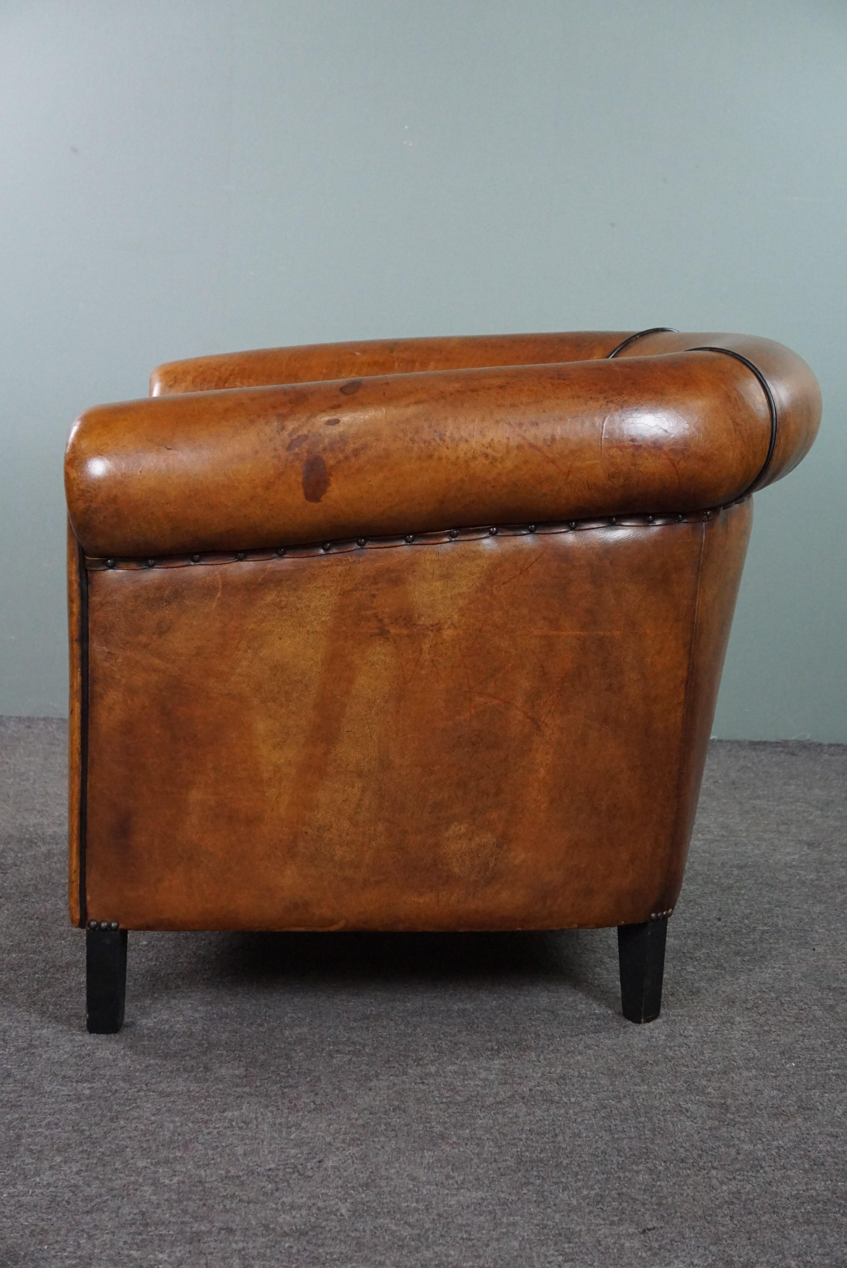 Contemporary Beautiful large sheep leather club chair finished with black piping For Sale