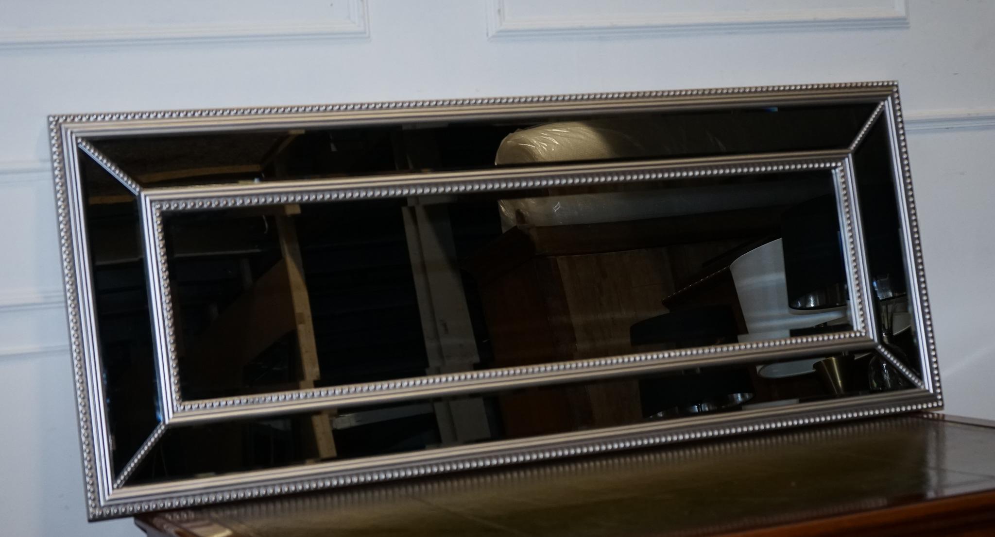 British BEAUTIFUL LARGE SILVER BEADED CUSHIONED BEVELLED RECTANGULAR MiRROR For Sale