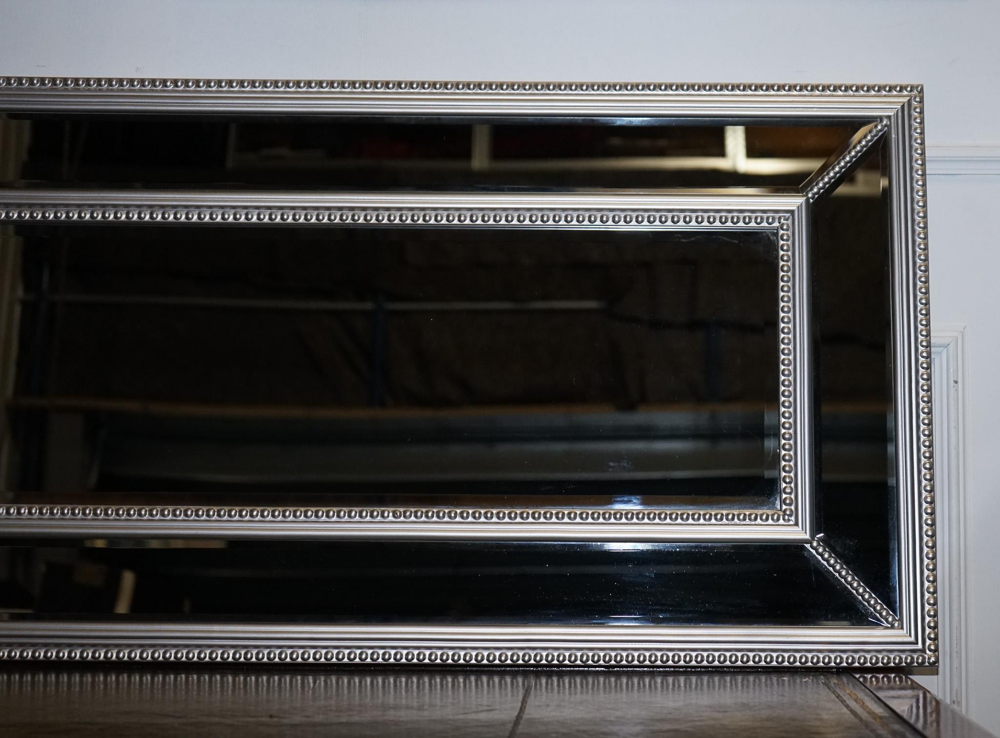 20th Century BEAUTIFUL LARGE SILVER BEADED CUSHIONED BEVELLED RECTANGULAR MiRROR For Sale