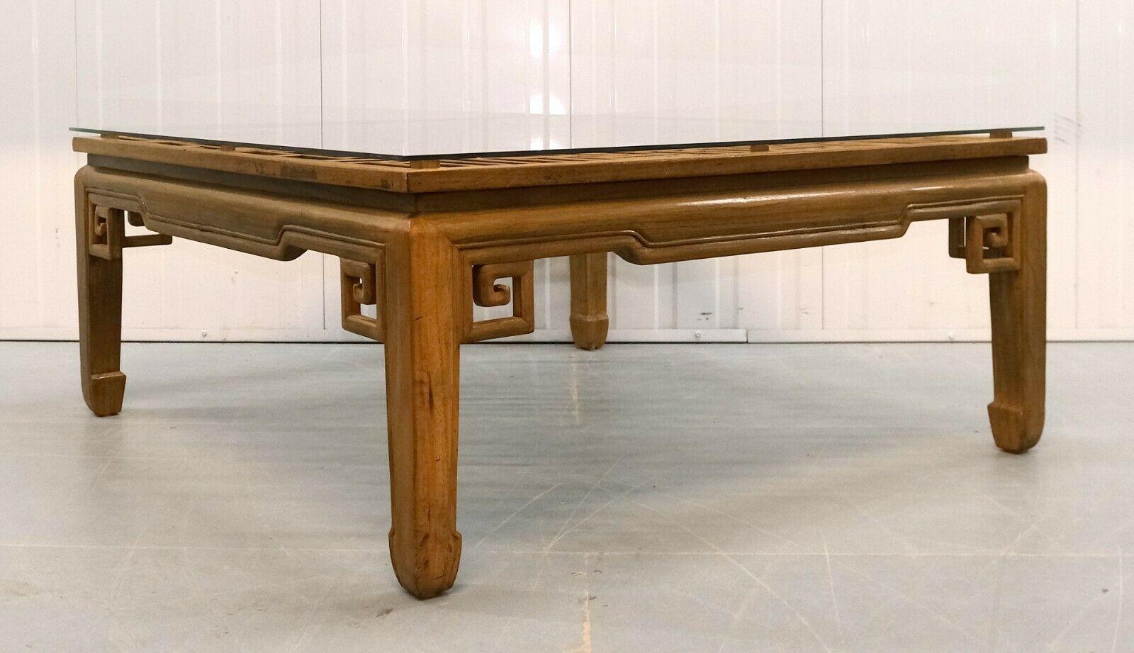 Chinese Export Beautiful Large Square Chinese Teak Coffee Table with Glass Top & Hoof Feet
