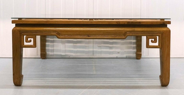 Hand-Crafted Beautiful Large Square Chinese Teak Coffee Table with Glass Top & Hoof Feet For Sale