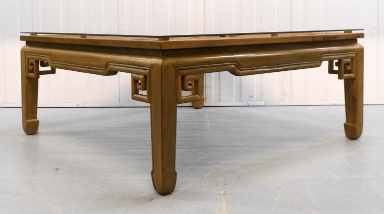Beautiful Large Square Chinese Teak Coffee Table with Glass Top & Hoof Feet For Sale 1