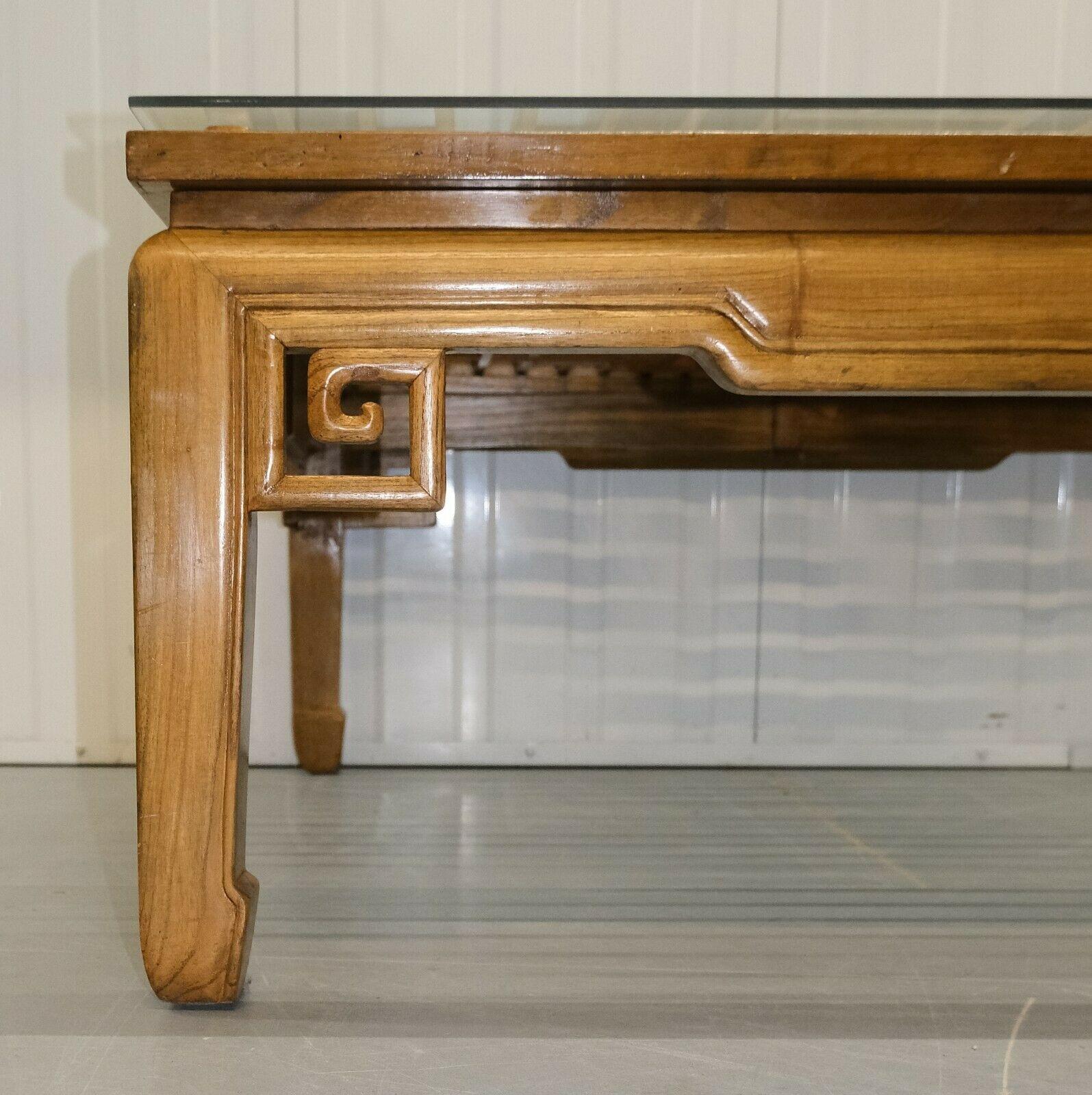 Beautiful Large Square Chinese Teak Coffee Table with Glass Top & Hoof Feet 3